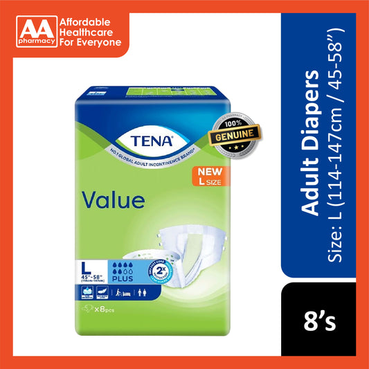 Tena Value Plus Adult Diapers Size L 8's (114-147cm / 45-58 inches)