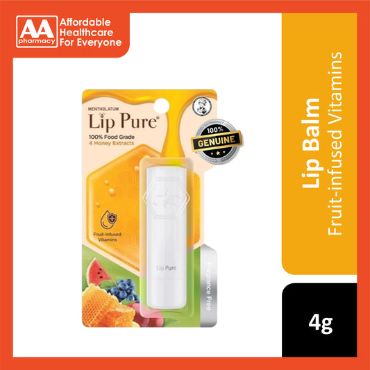 Mentholatum Lip Pure Fruit-Infused Vitamins Lip Balm (Fragrance Free, 100% Food Grade) 4g