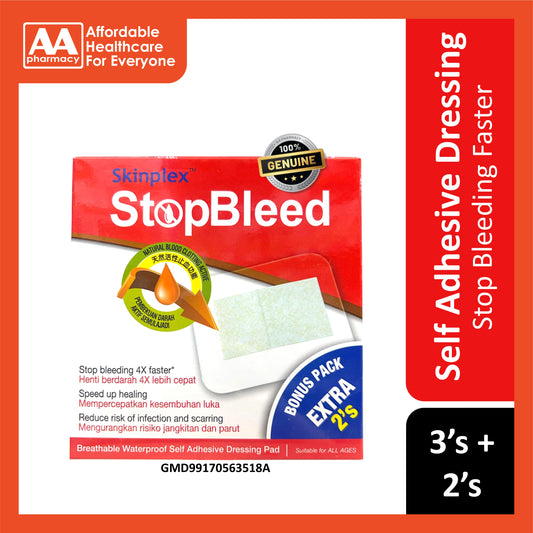 Skinplex StopBleed Breathable Waterproof Self Adhesive Dressing Pads 3's+2's