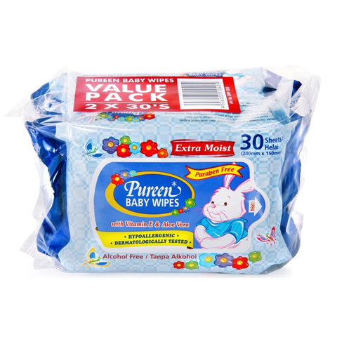 Pureen Baby Wipes Extra Moist Blue Twinpack (30'sx2)