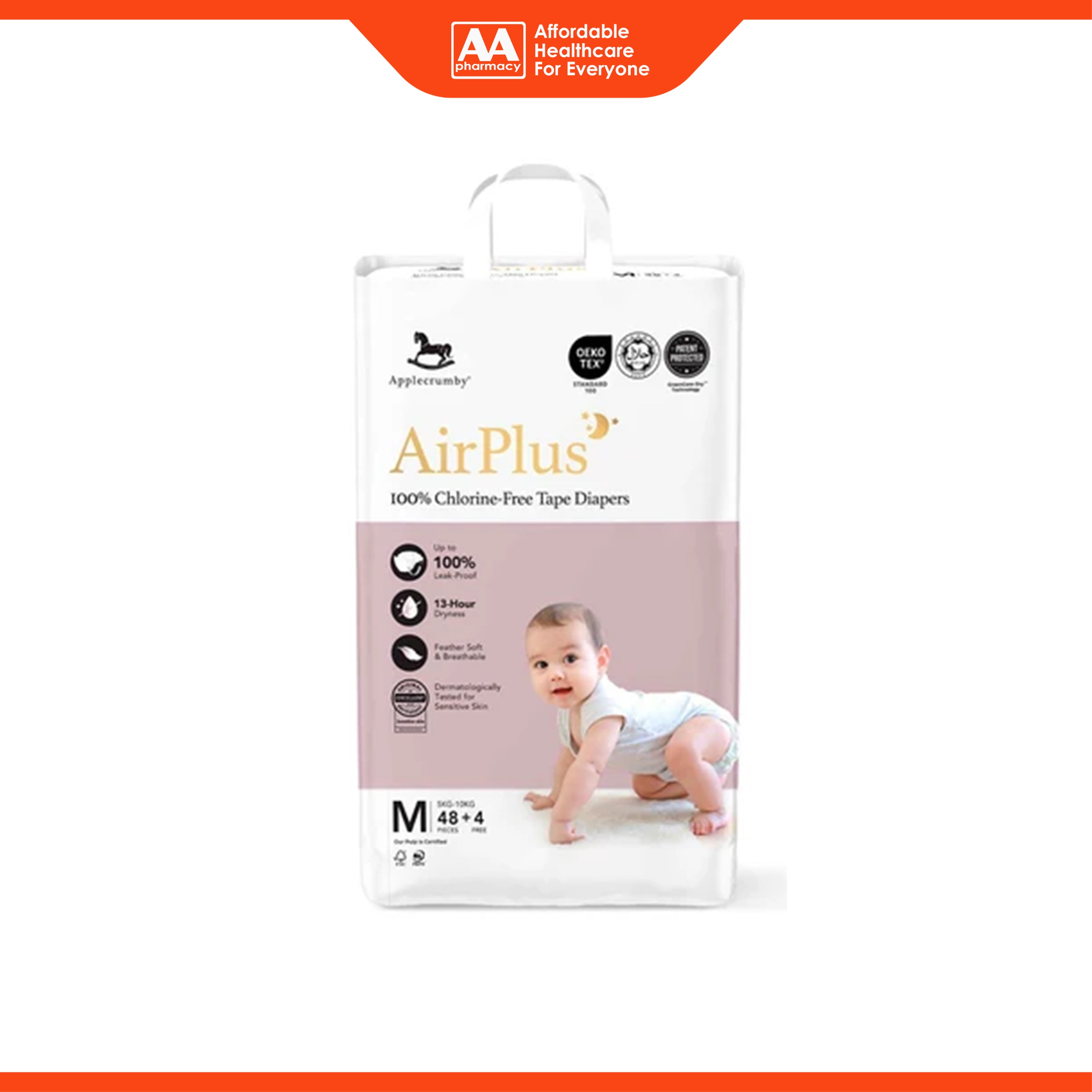 Applecrumby AirPlus Baby Tape Diaper Size M 48's+4's (For 5-10kg)