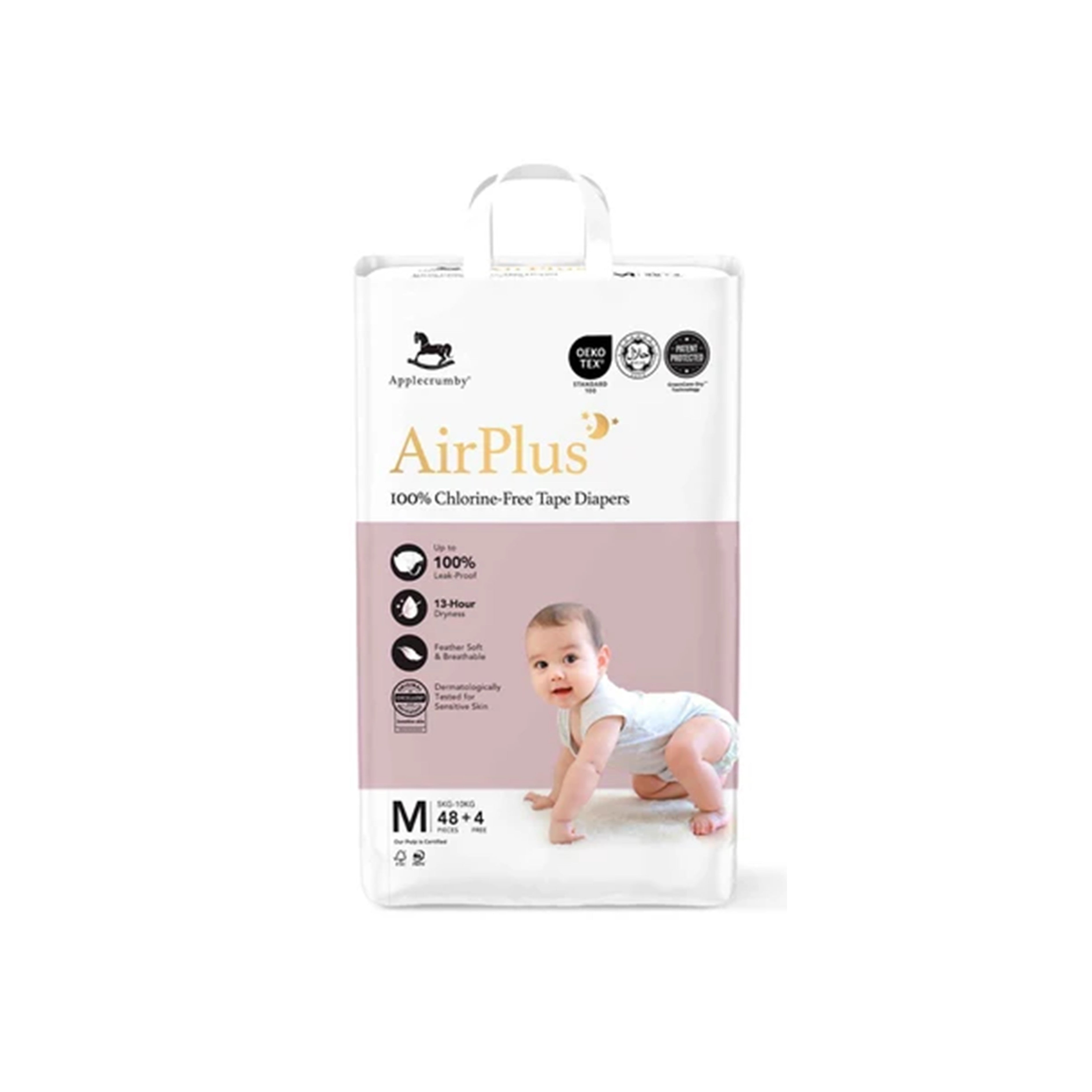 Applecrumby AirPlus Baby Tape Diaper Size M 48's+4's (For 5-10kg)