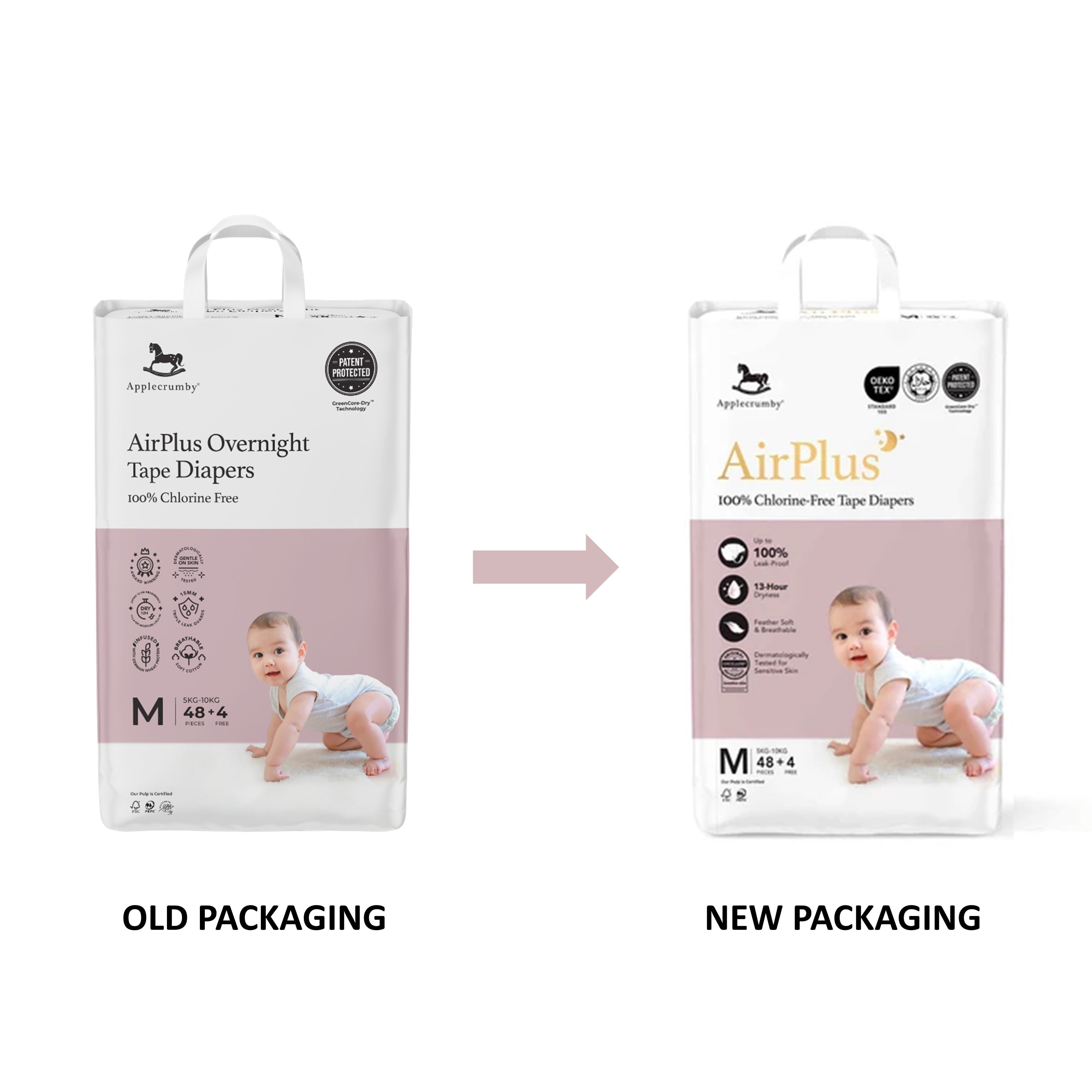 Applecrumby AirPlus Baby Tape Diaper Size M 48's+4's (For 5-10kg)