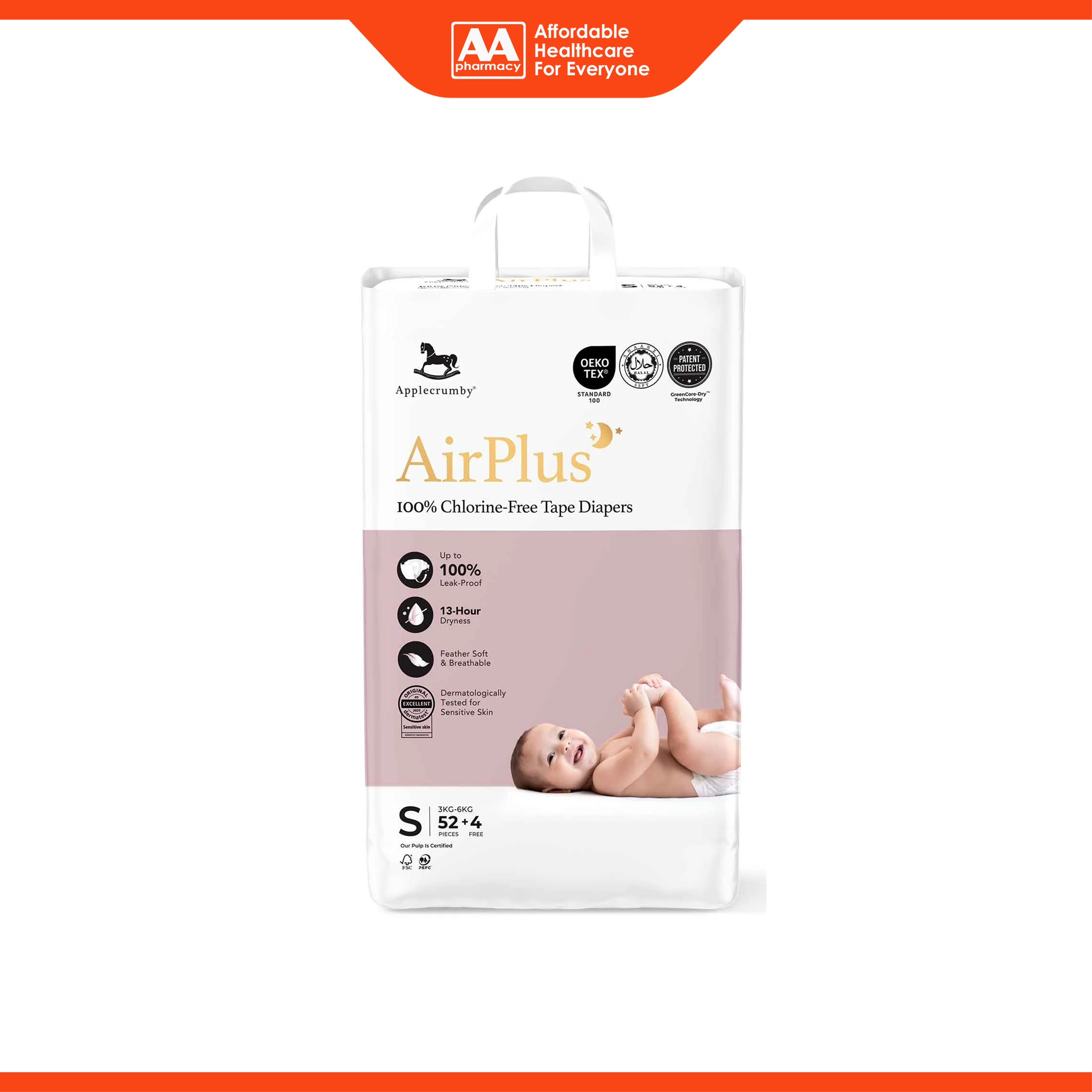 Applecrumby AirPlus Baby Tape Diaper Size S 52's+4's (For 3-6kg)