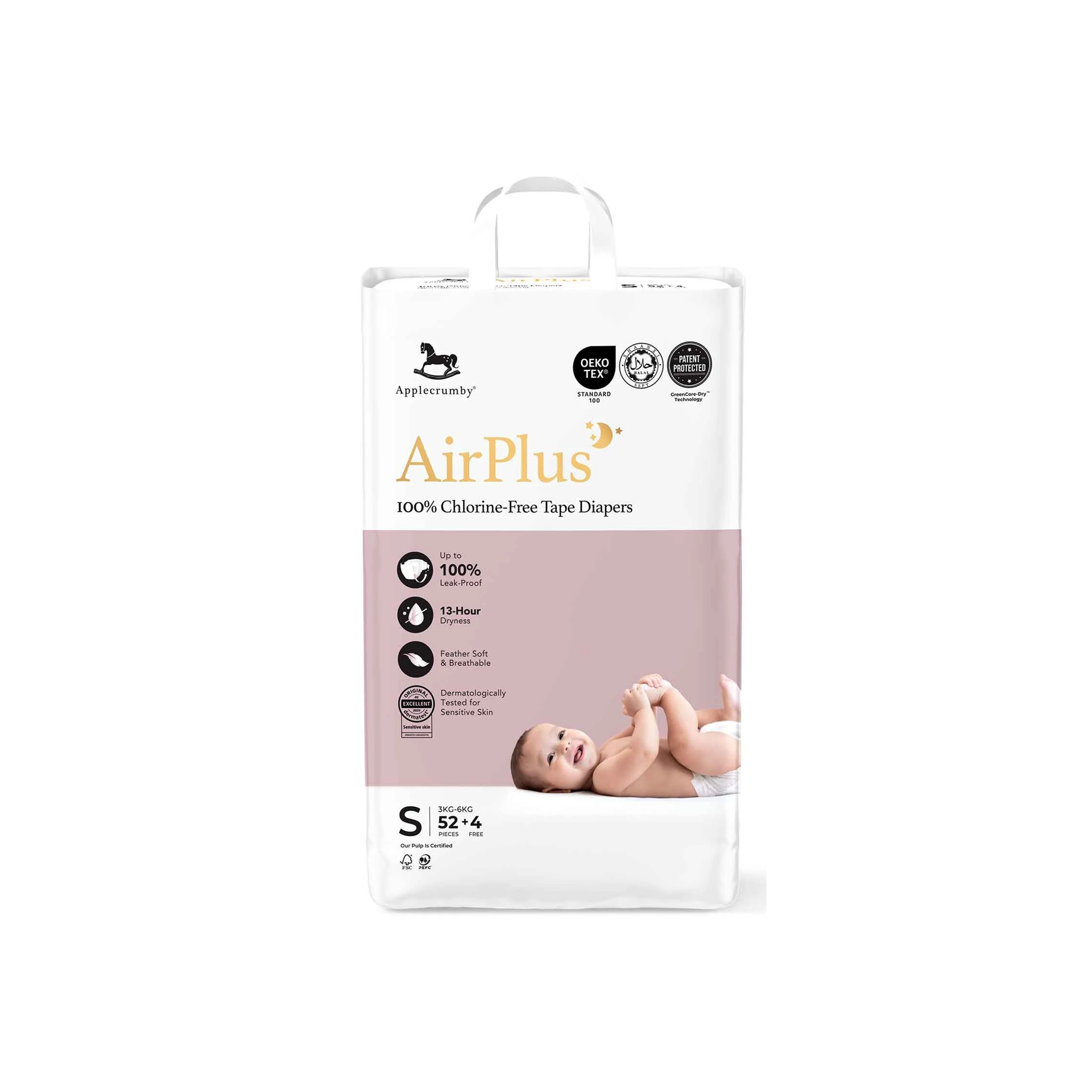 Applecrumby AirPlus Baby Tape Diaper Size S 52's+4's (For 3-6kg)