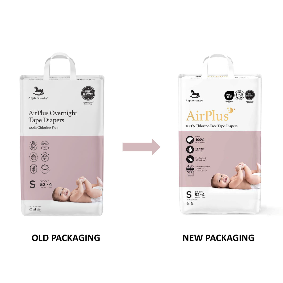 Applecrumby AirPlus Baby Tape Diaper Size S 52's+4's (For 3-6kg)