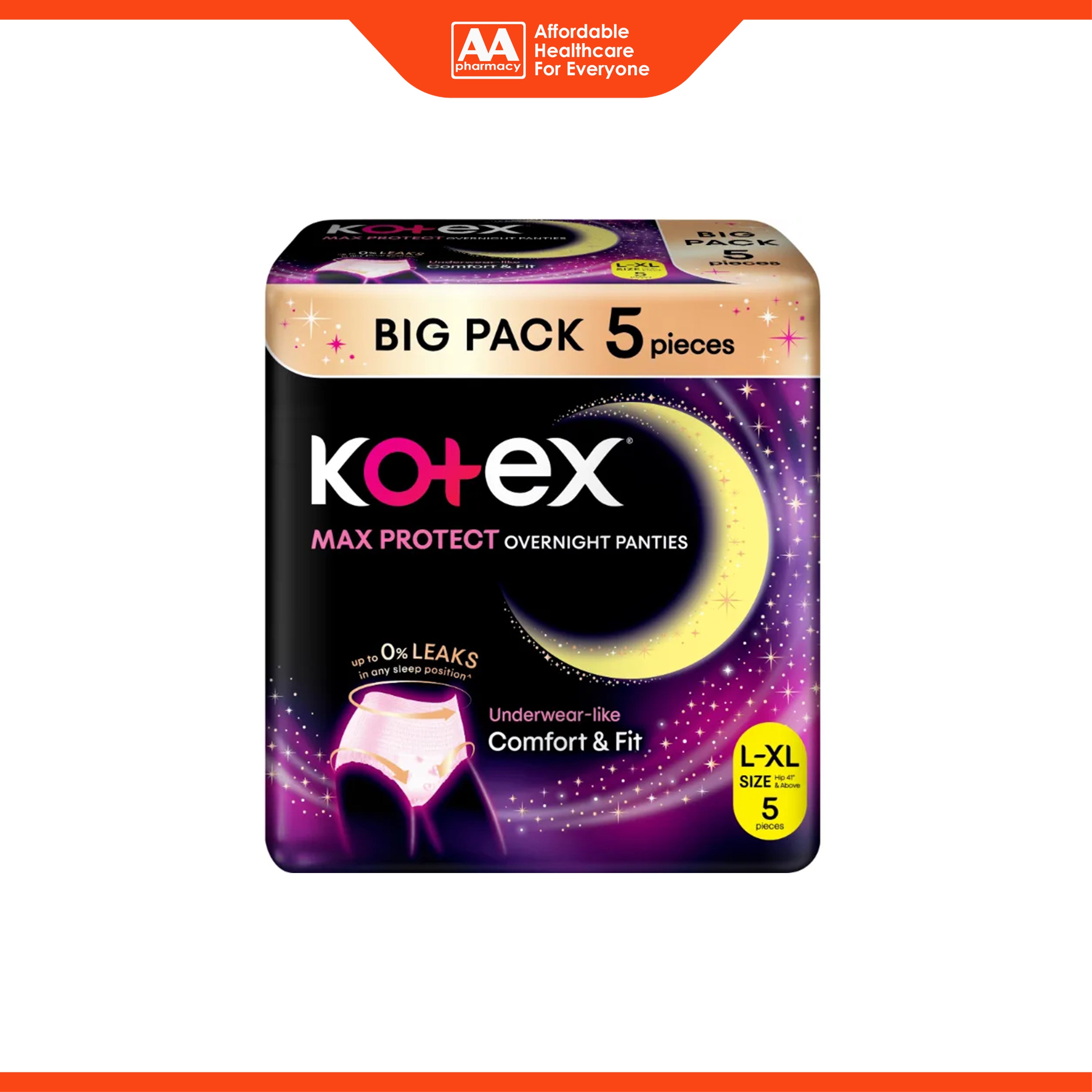 Kotex Overnight Panties (Size L-XL, Hip 41 inches and Above) 5's [Big Pack]