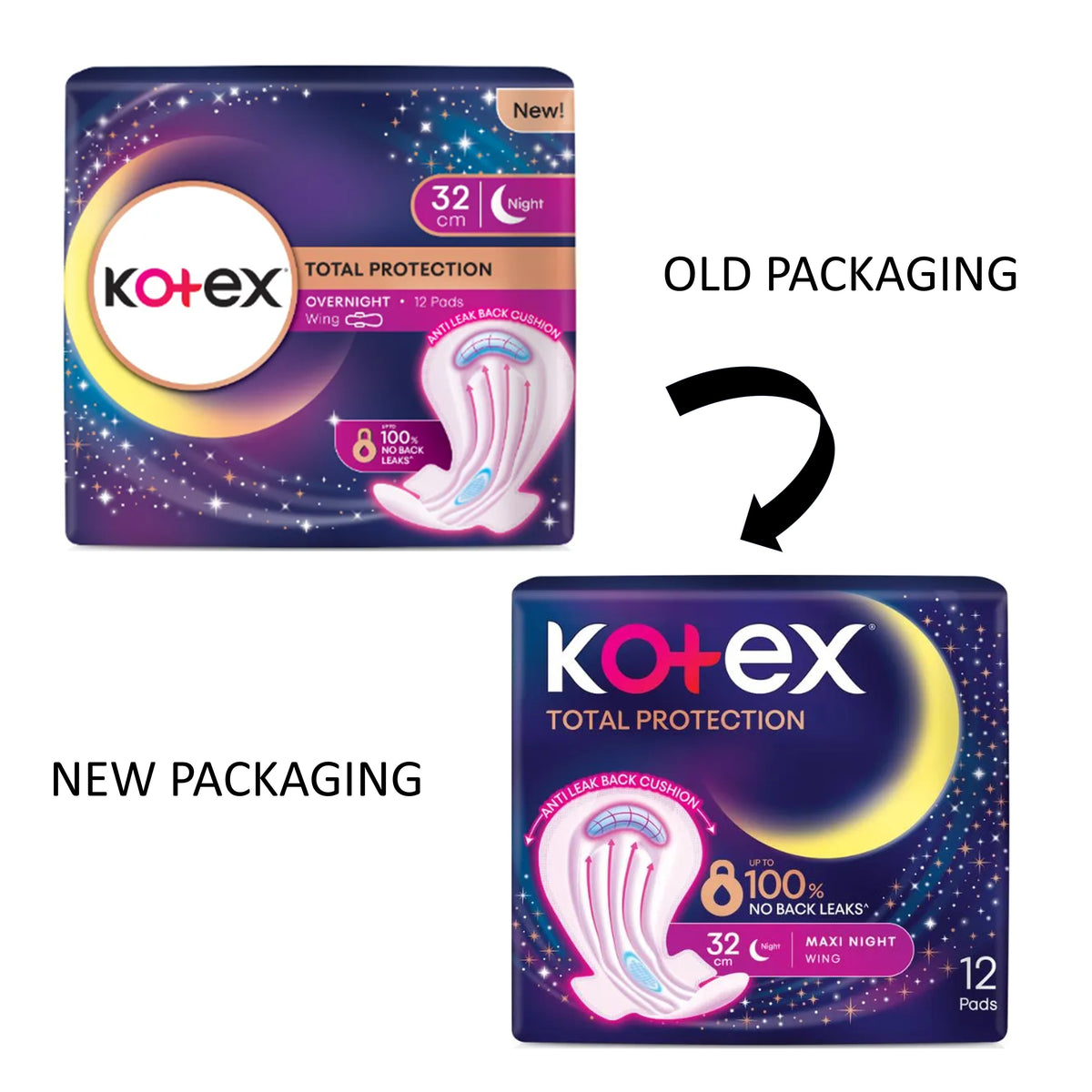 Kotex Pads (Total Protection Overnight, Wing, 32cm) 12's [Night Use]