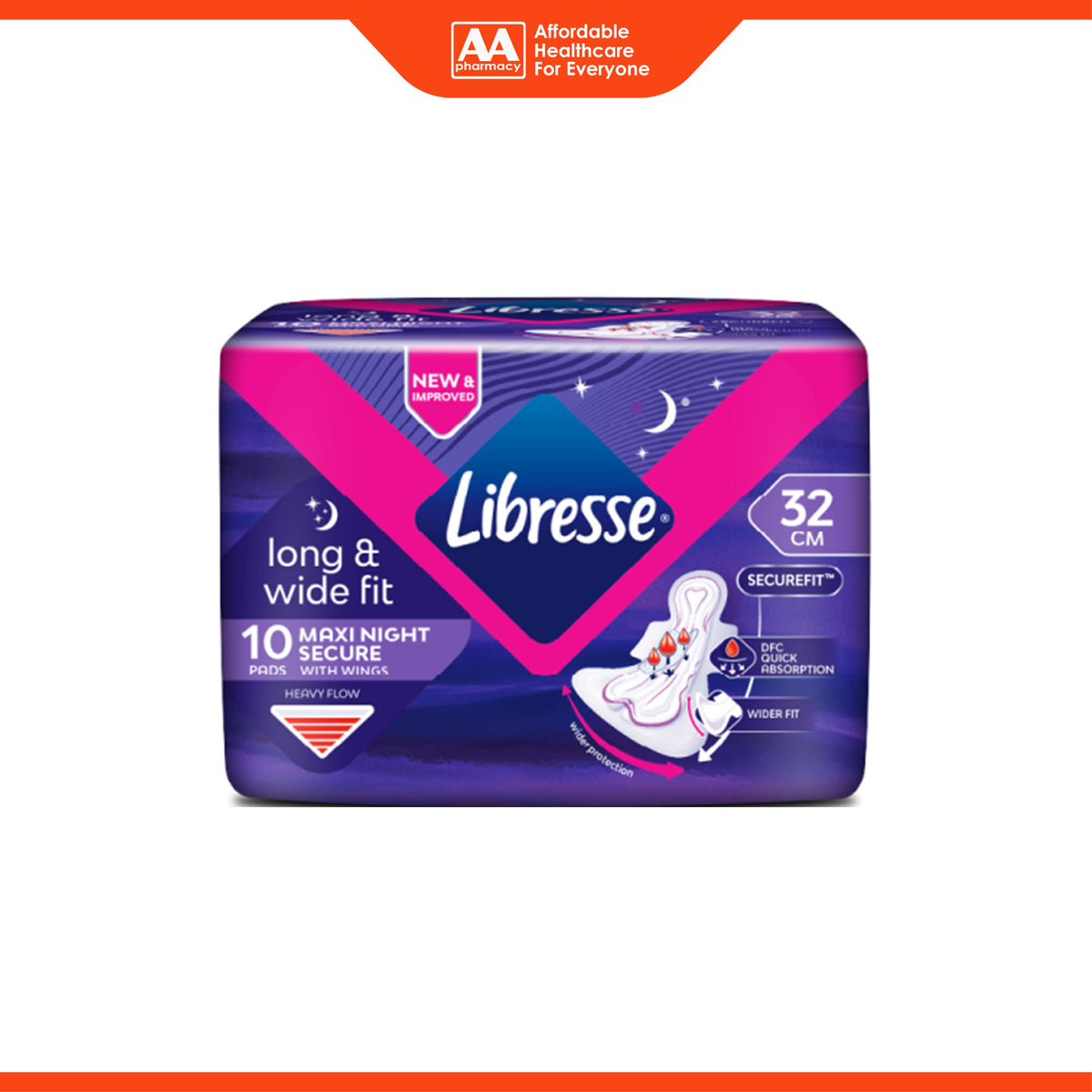 Libresse Pads (Long and Wide Fit, Maxi Night Secure, 32cm Wings) 10's