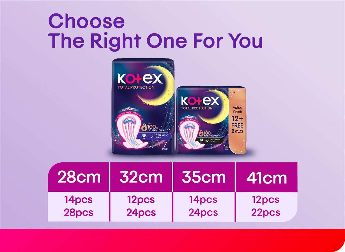 Kotex Pads (Total Protection Overnight, Wing, 32cm) 12's [Night Use]
