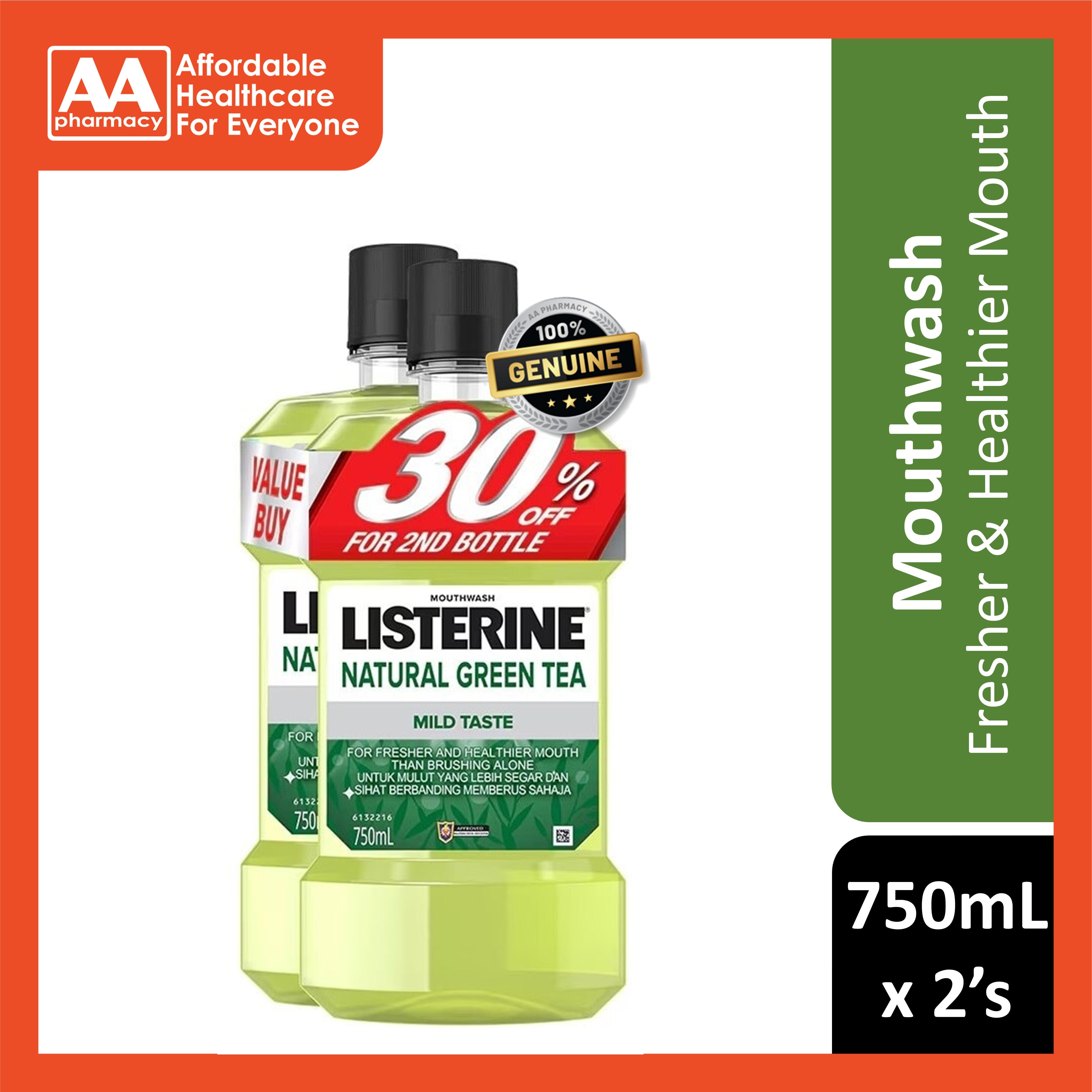 Listerine Mouthwash - Natural Green Tea (Mild Taste) 750mLx2's [Twinpack]