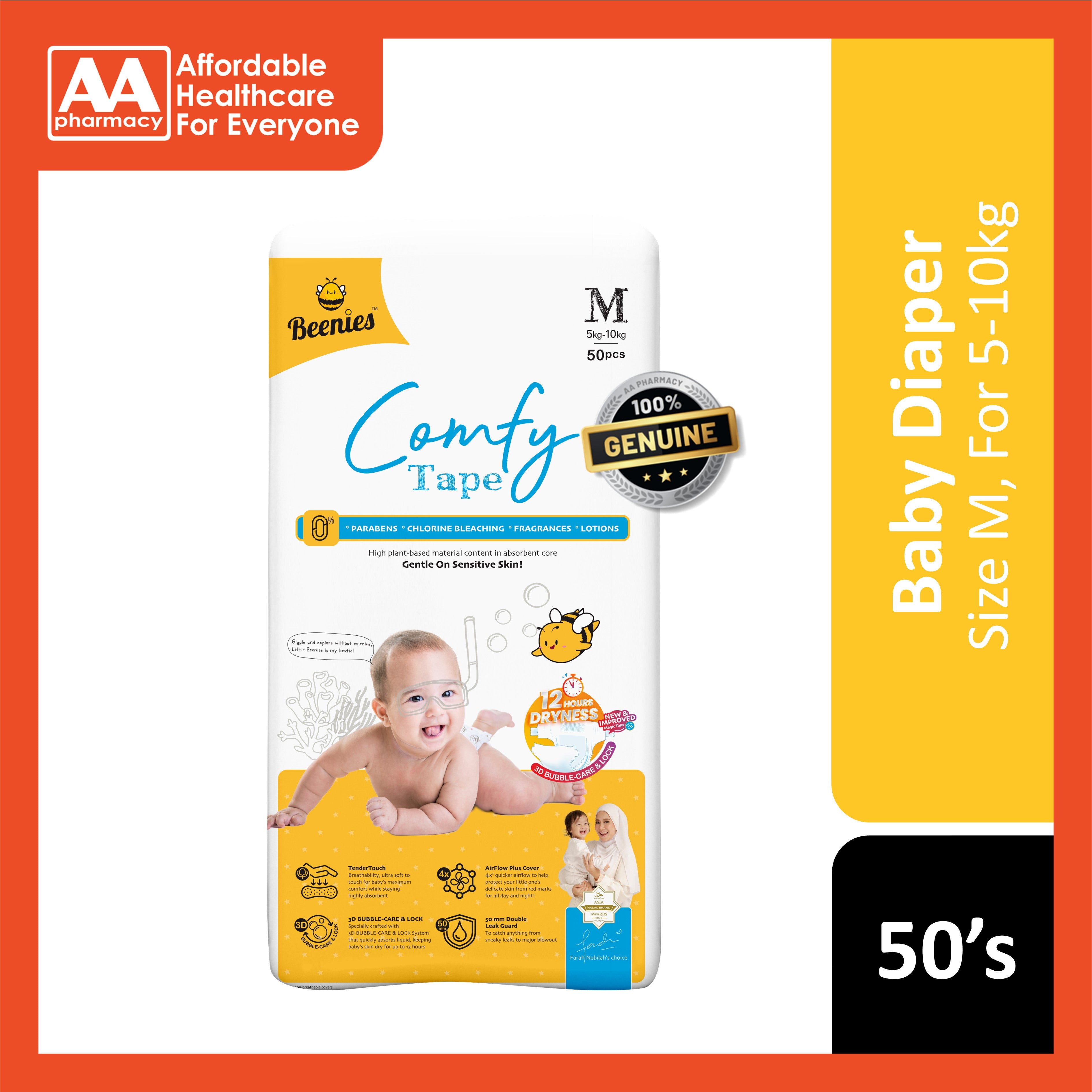 Beenies Baby Comfy Tape Diapers Size M 50's (5-10kg) [Jumbo Pack]