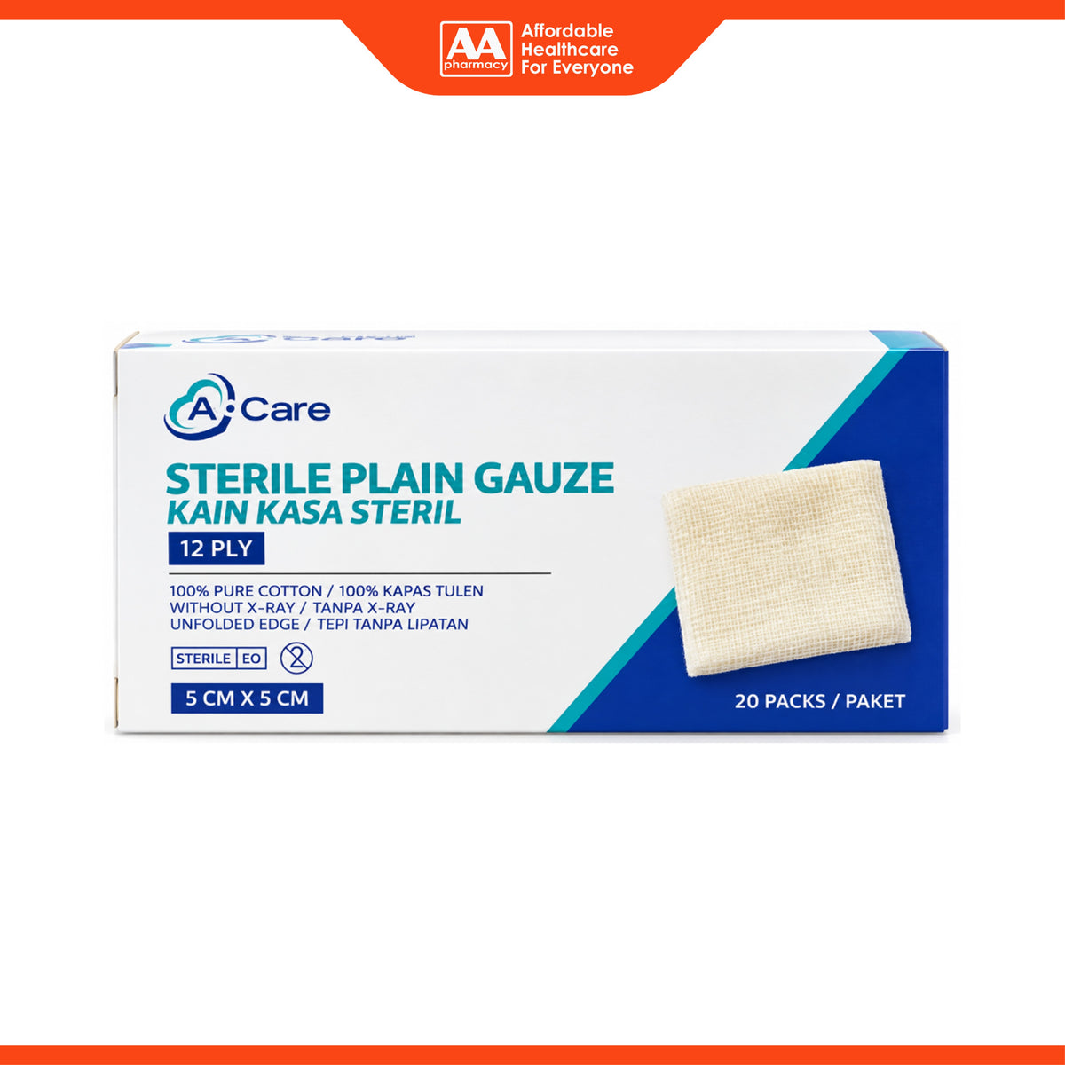 A-Care Sterile Plain Gauze - 5cm x 5cm, 12ply (20 x 5's)