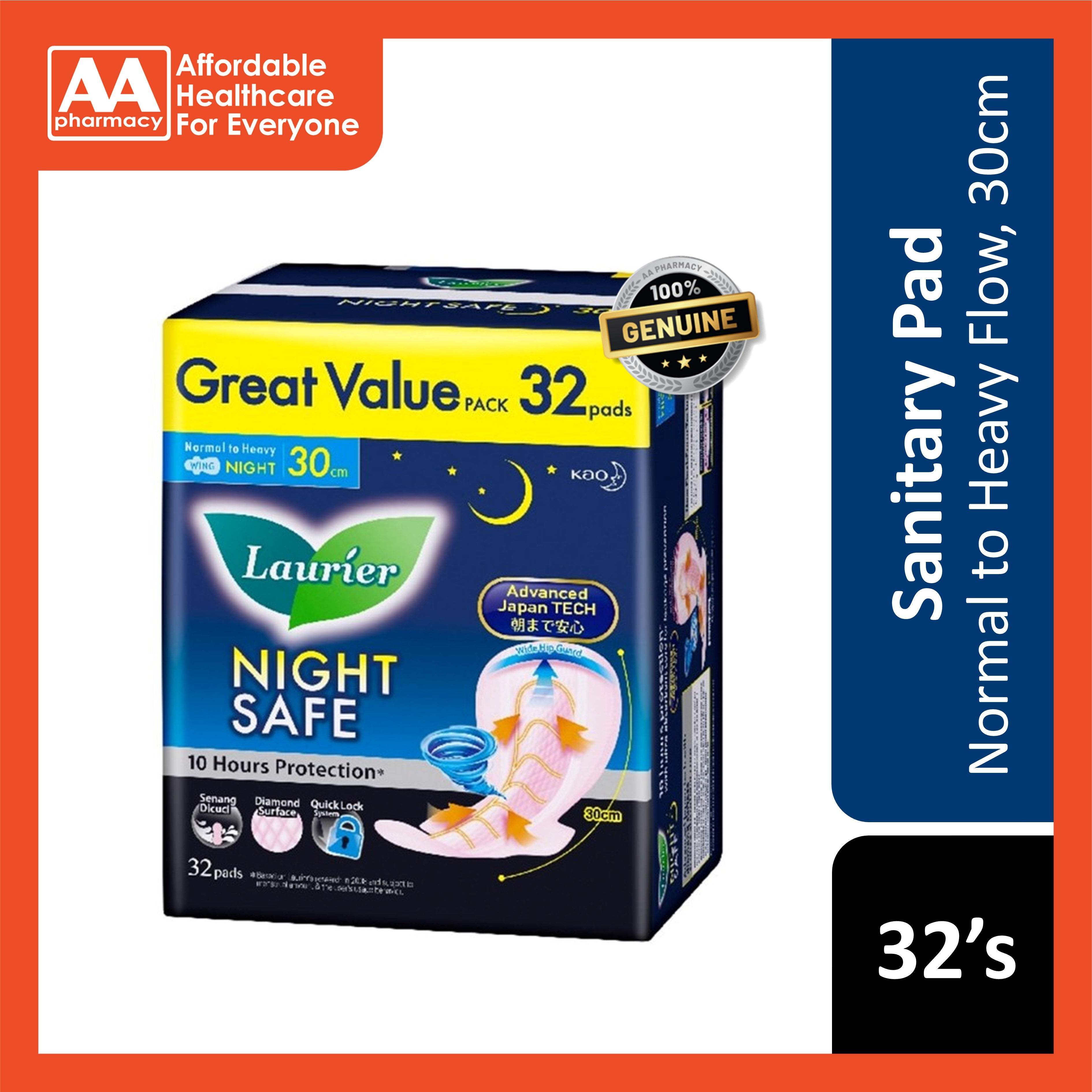 Lauríer Pads (Night Safe, Normal to Heavy Flow, Wing, 30cm) 32's [Night Use]