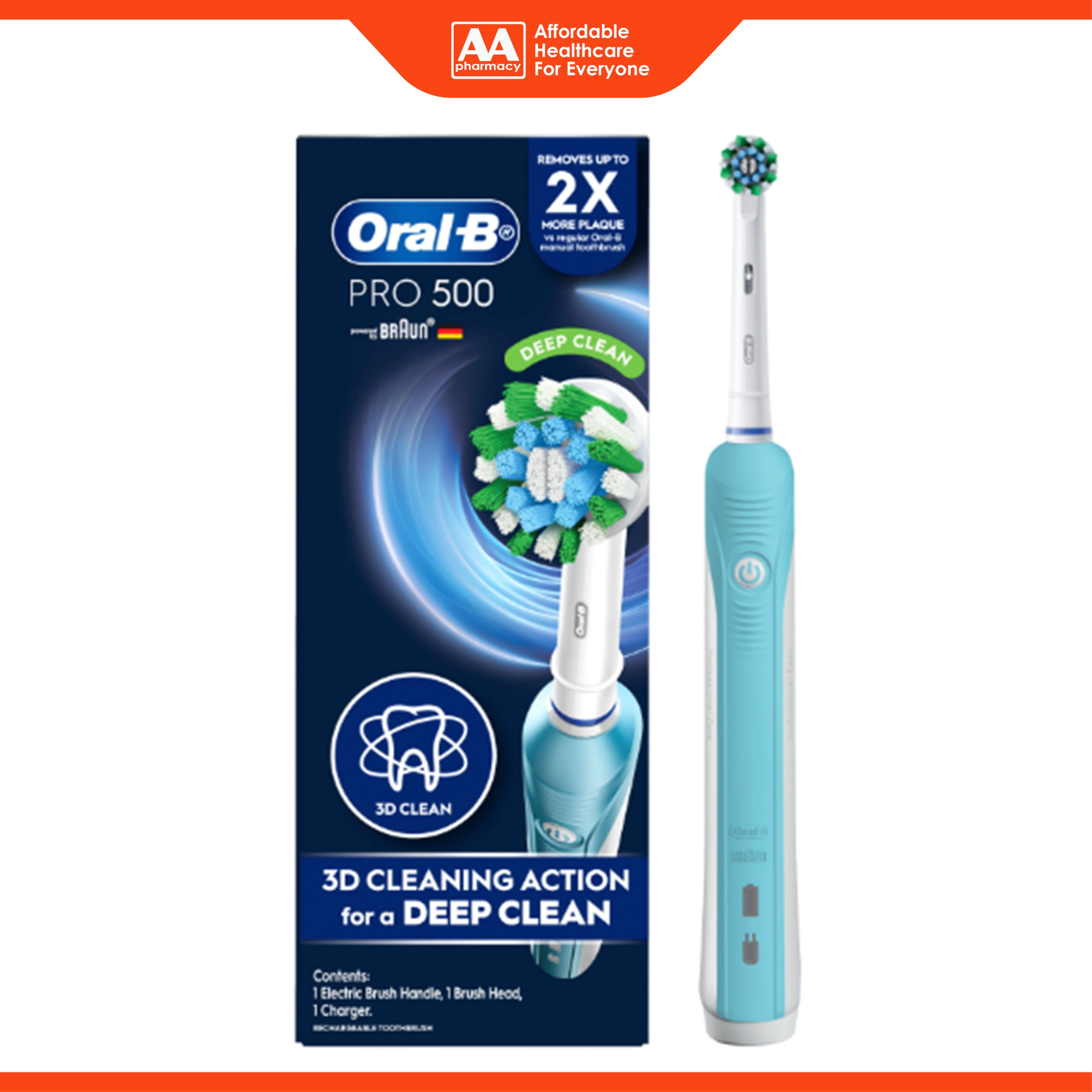 Oral-B Pro 500 Deep Clean Rechargeable Toothbrush (1 Handle, 1 Brush Head, 1 Charger)