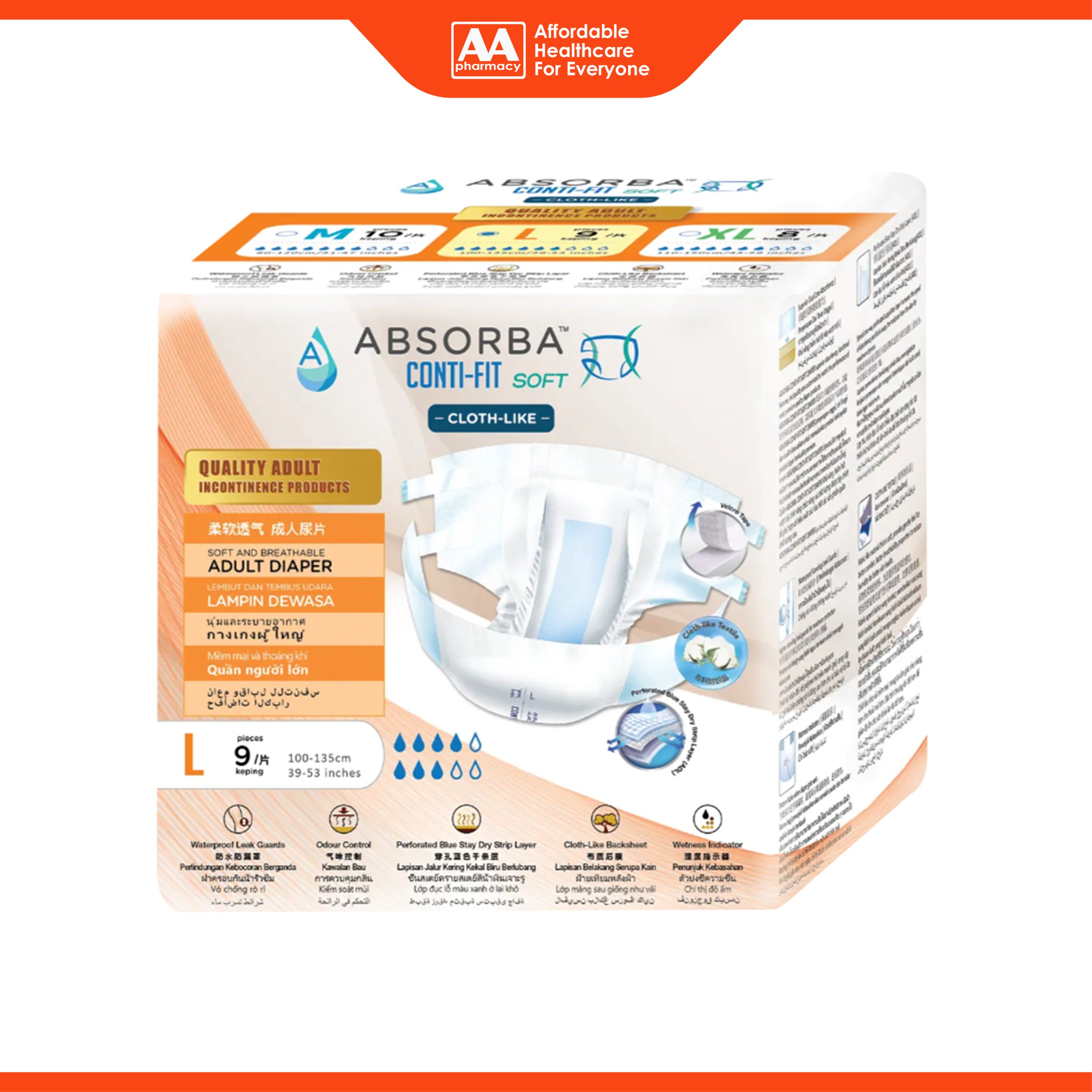 Absorba Conti-Fit Soft Adult Diapers Size L 9's (100-135cm / 39-53 inches)