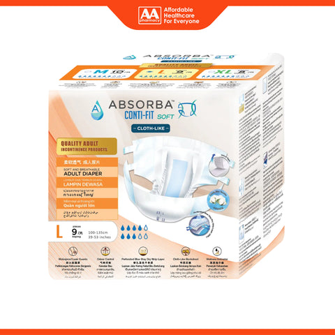 Absorba Conti-Fit Soft Adult Diapers Size L 9's (100-135cm / 39-53 inches)