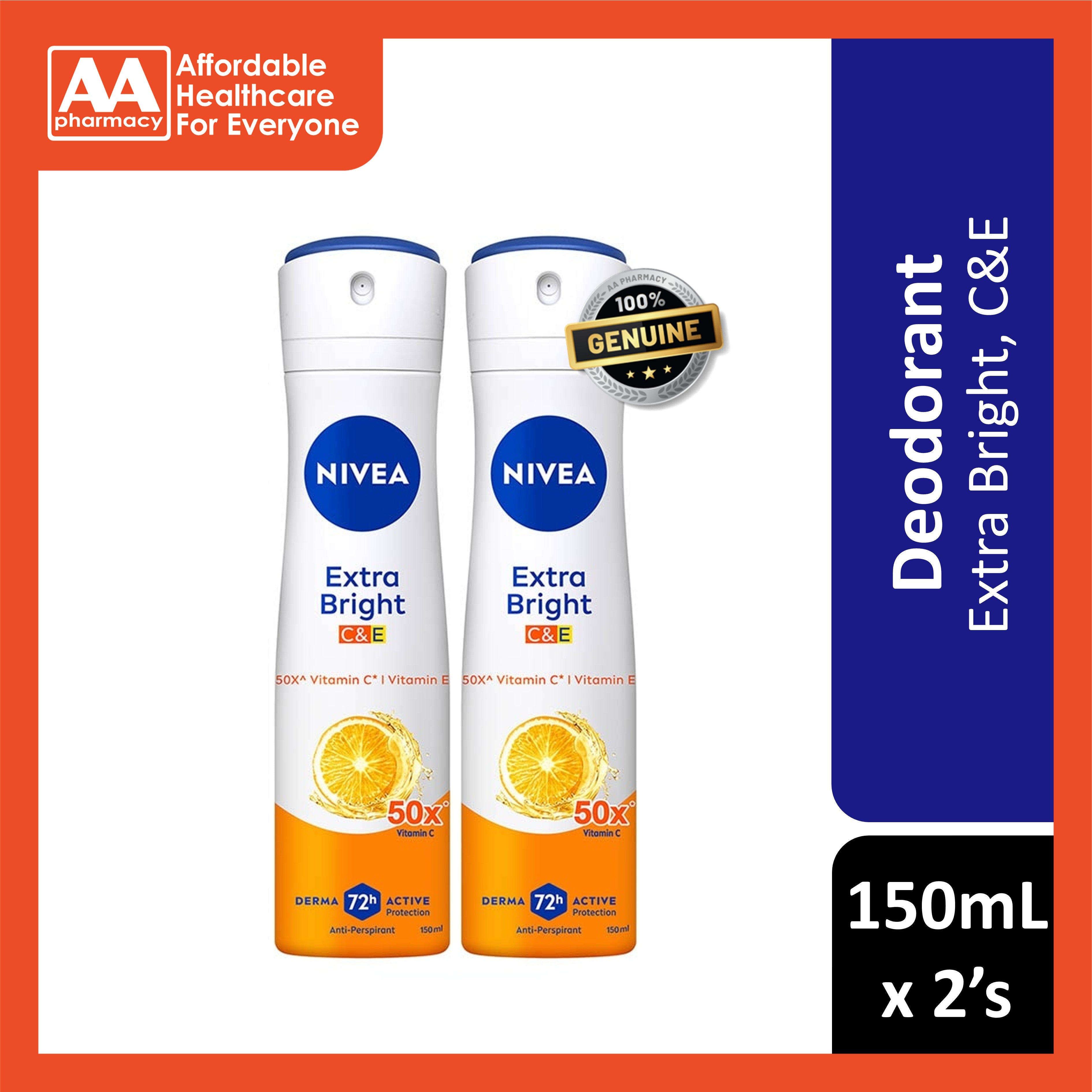 Nivea Extra Bright (C and E) 72H Anti-Perspirant Spray 150mLx2's [Twinpack]