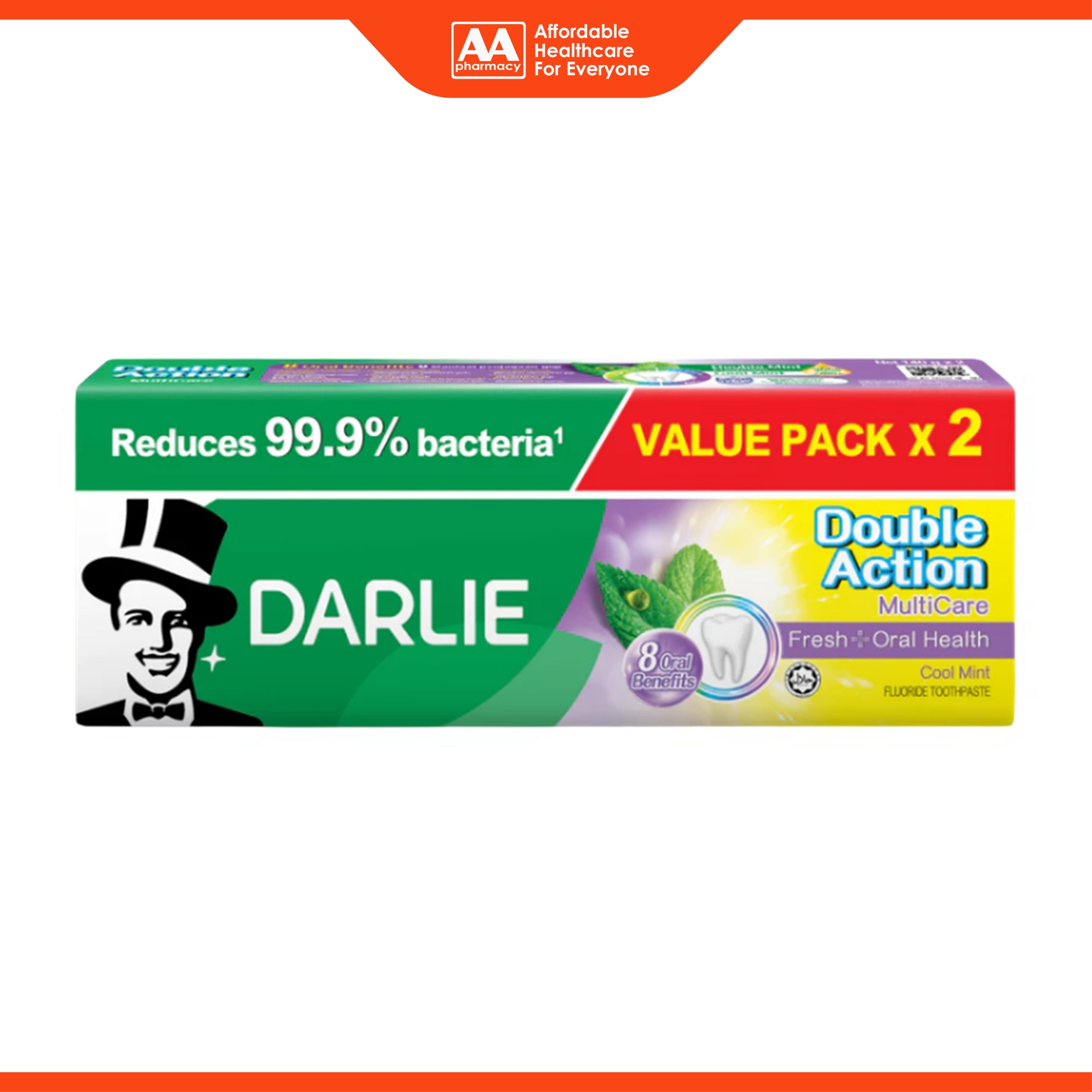 Darlie Double Action (MultiCare) Fresh + Oral Health Fluoride Toothpaste 180gx2's (Cool Mint) [Value Pack]