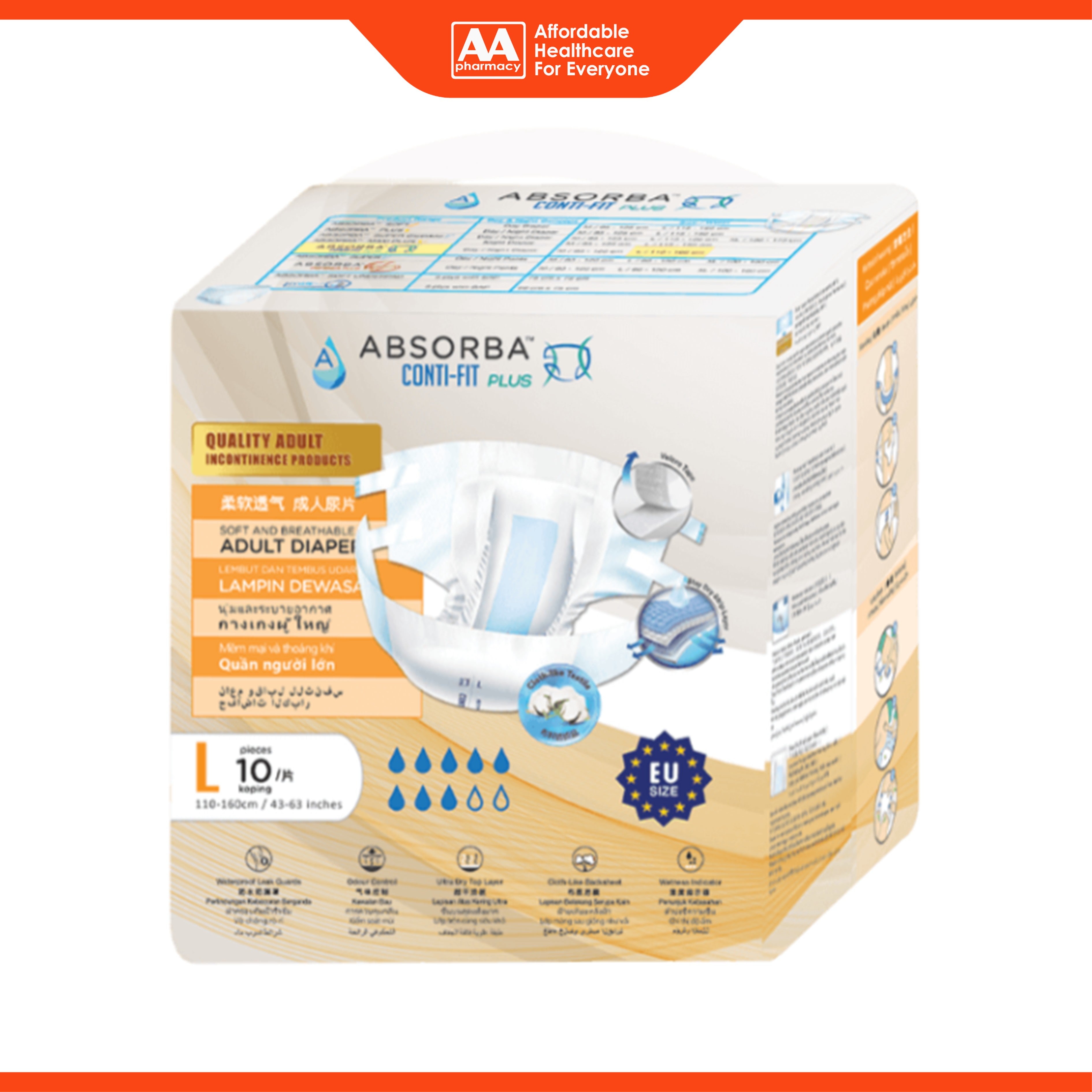 Absorba Conti-Fit Plus Adult Diapers Size L 10's (110-160cm / 43-63 inches)