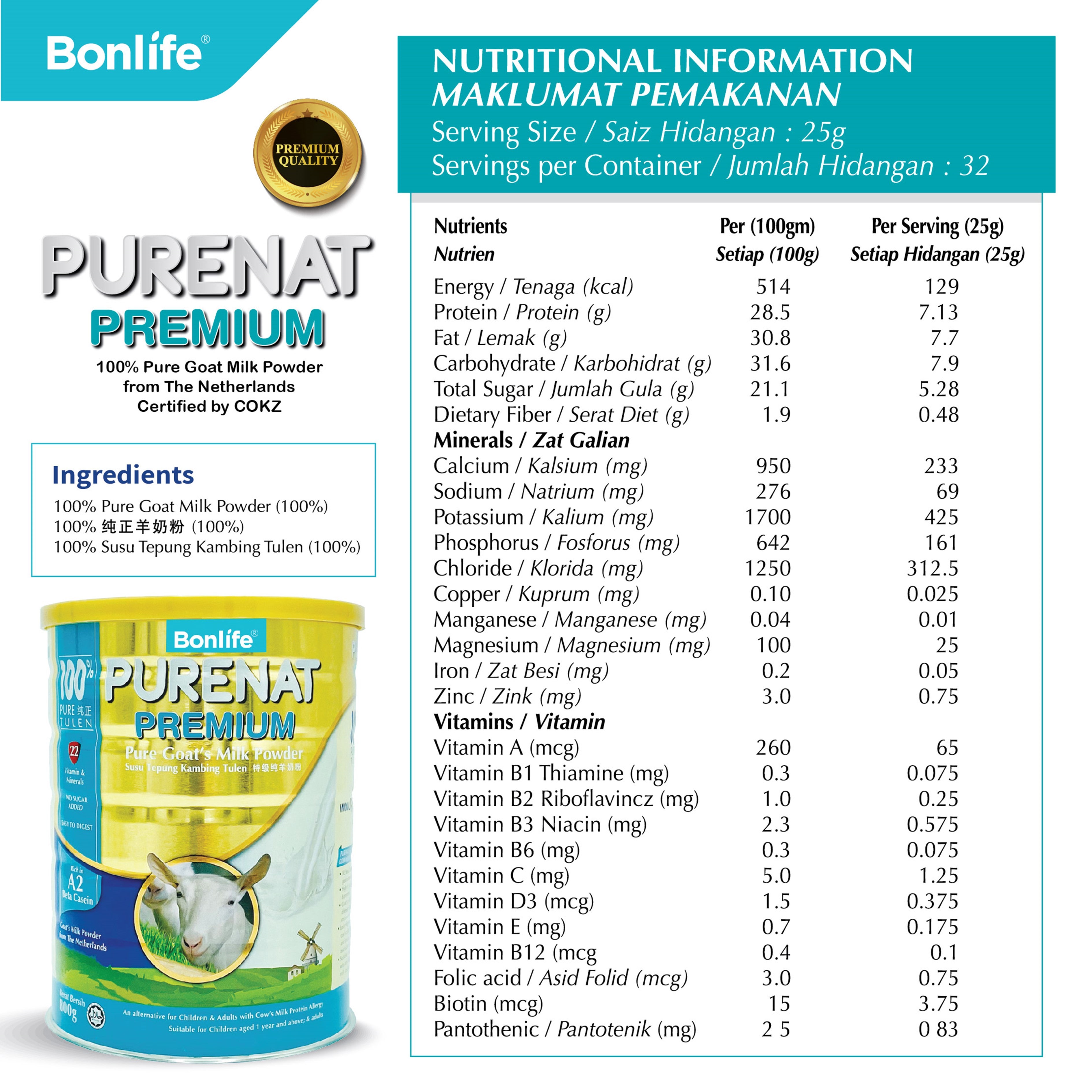 Bonlife Purenat Premium Pure Goat's Milk Powder 800g