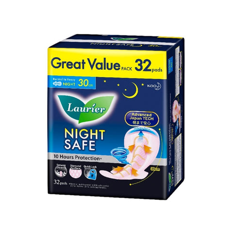 Lauríer Pads (Night Safe, Normal to Heavy Flow, Wing, 30cm) 32's [Night Use]