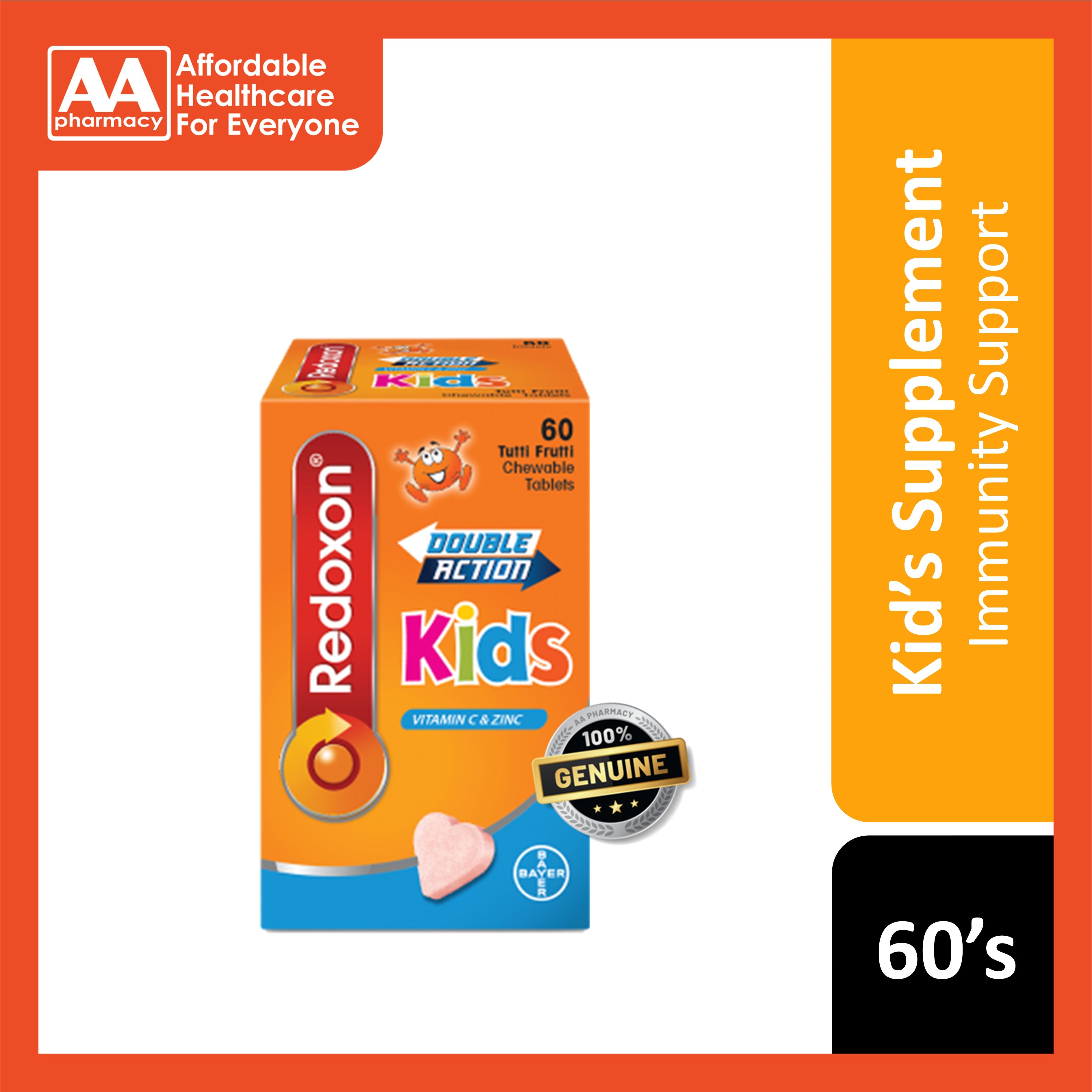 Redoxon Double Action Kids (Vitamin C and Zinc) Chewable Tablet 60's (Tutti Frutti Flavour)