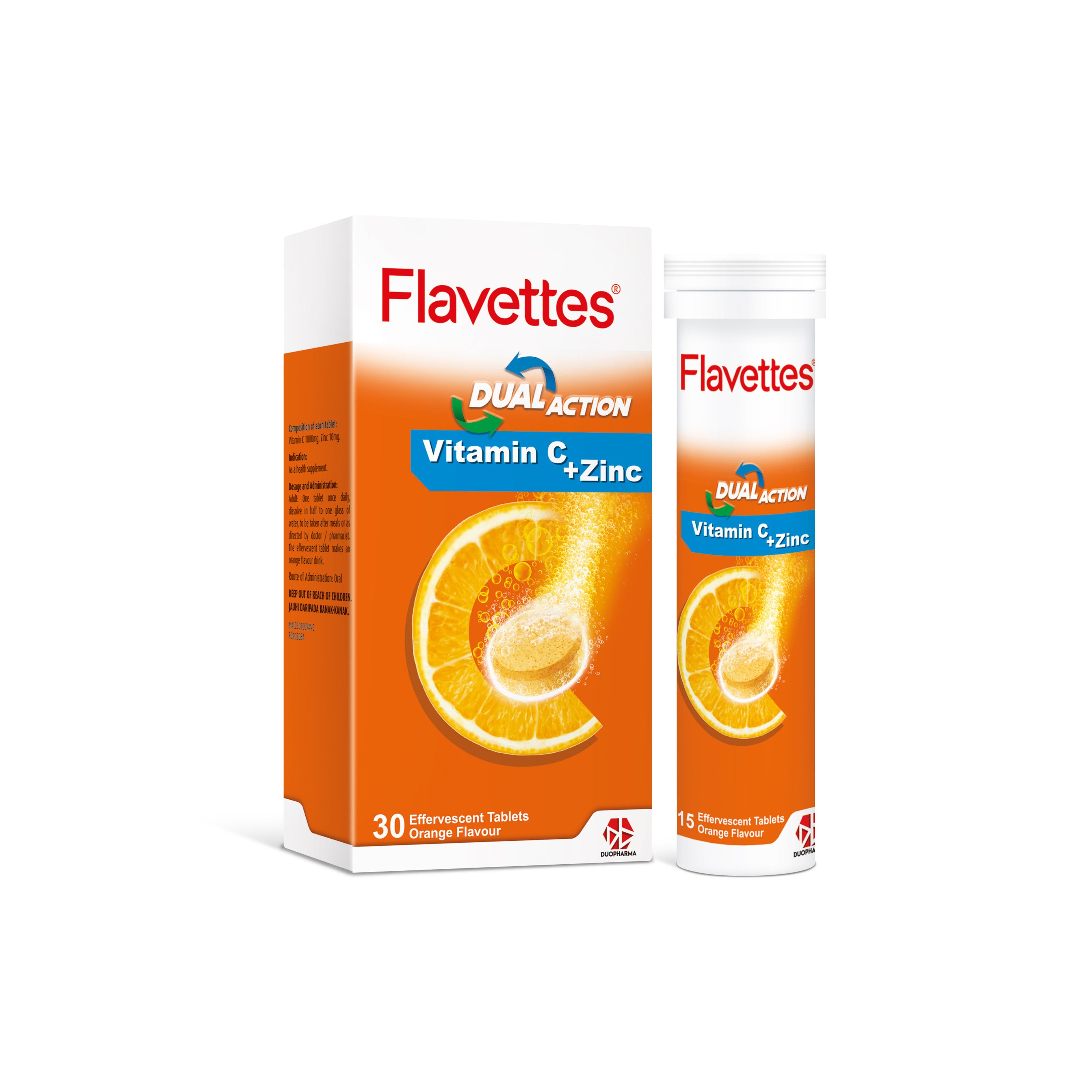 Flavettes Dual Action Vitamin C + Zinc Effervescent Tablet 2x15's (Orange Flavour)