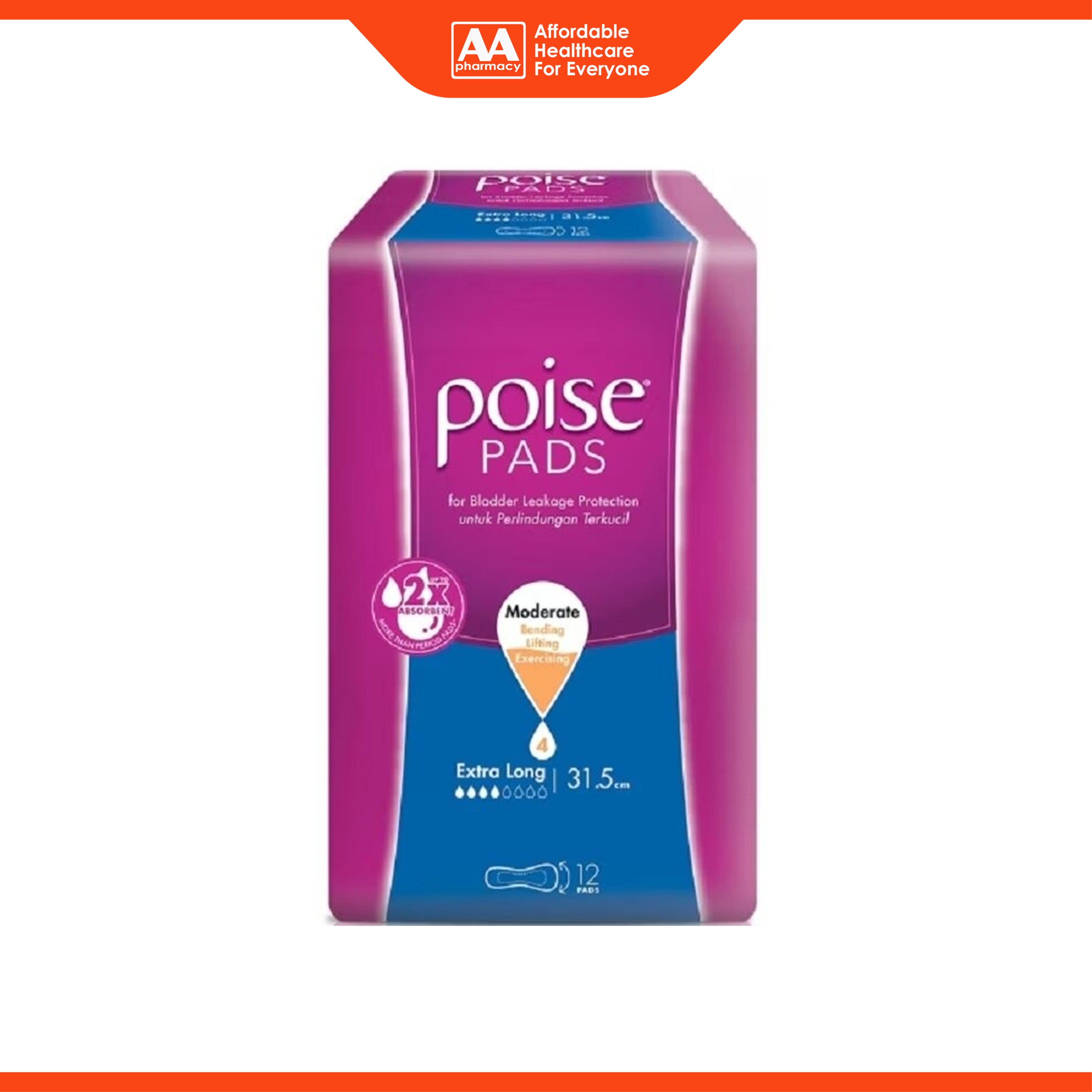 Poise Pads - Extra Long 31.5cm, Moderate (12's)