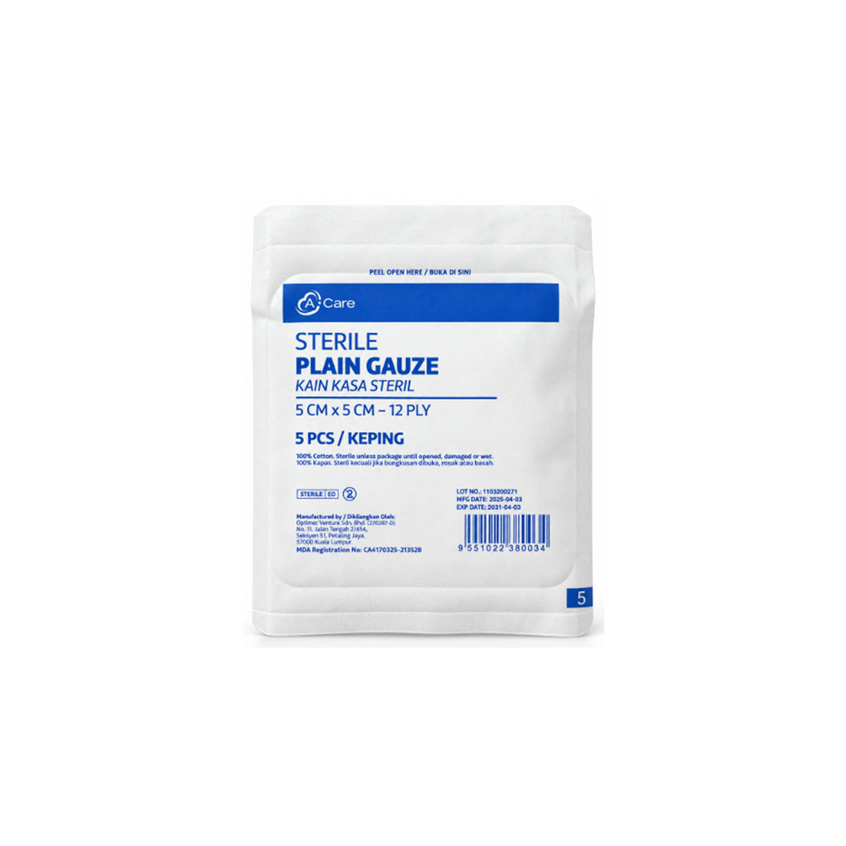 A-Care Sterile Plain Gauze - 5cm x 5cm, 12ply (20 x 5's)