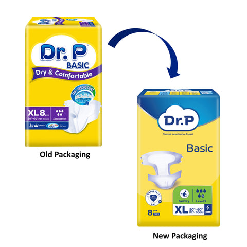 Dr. P Basic Adult Diapers Size XL 8's (127-150cm / 50-60 inches) [12 Packs/Carton]