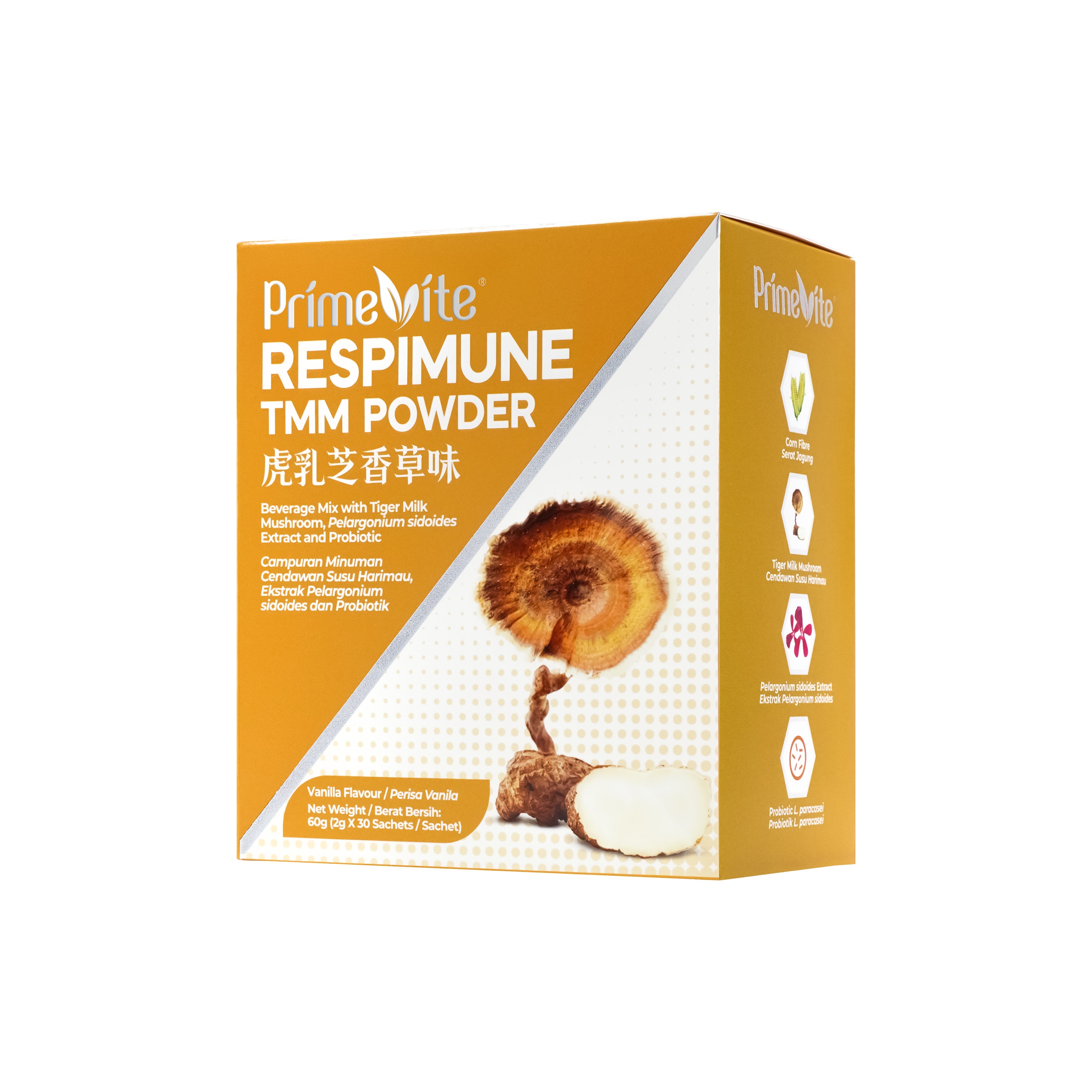 PrimeVite RespiMune TMM Powder (Beverage Mix with Tiger Milk Mushroom, Pelargonium Sidoides Extract & Probiotic) 2gx30's