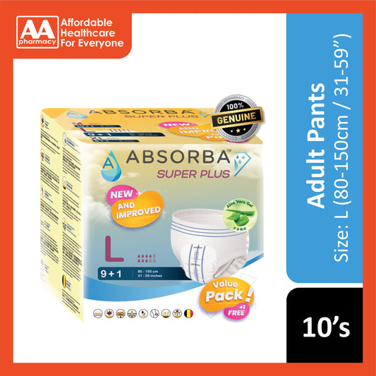 Absorba Super Plus Adult Pull Up Pants Size L 10's (80-150cm / 31-59 inches) [New Packaging]