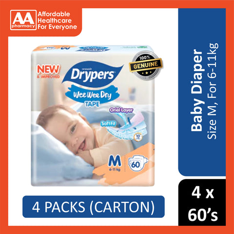 Drypers Wee Wee Dry Baby Tape Diapers Size M 60's (6-11kg) [4 Packs/Carton]