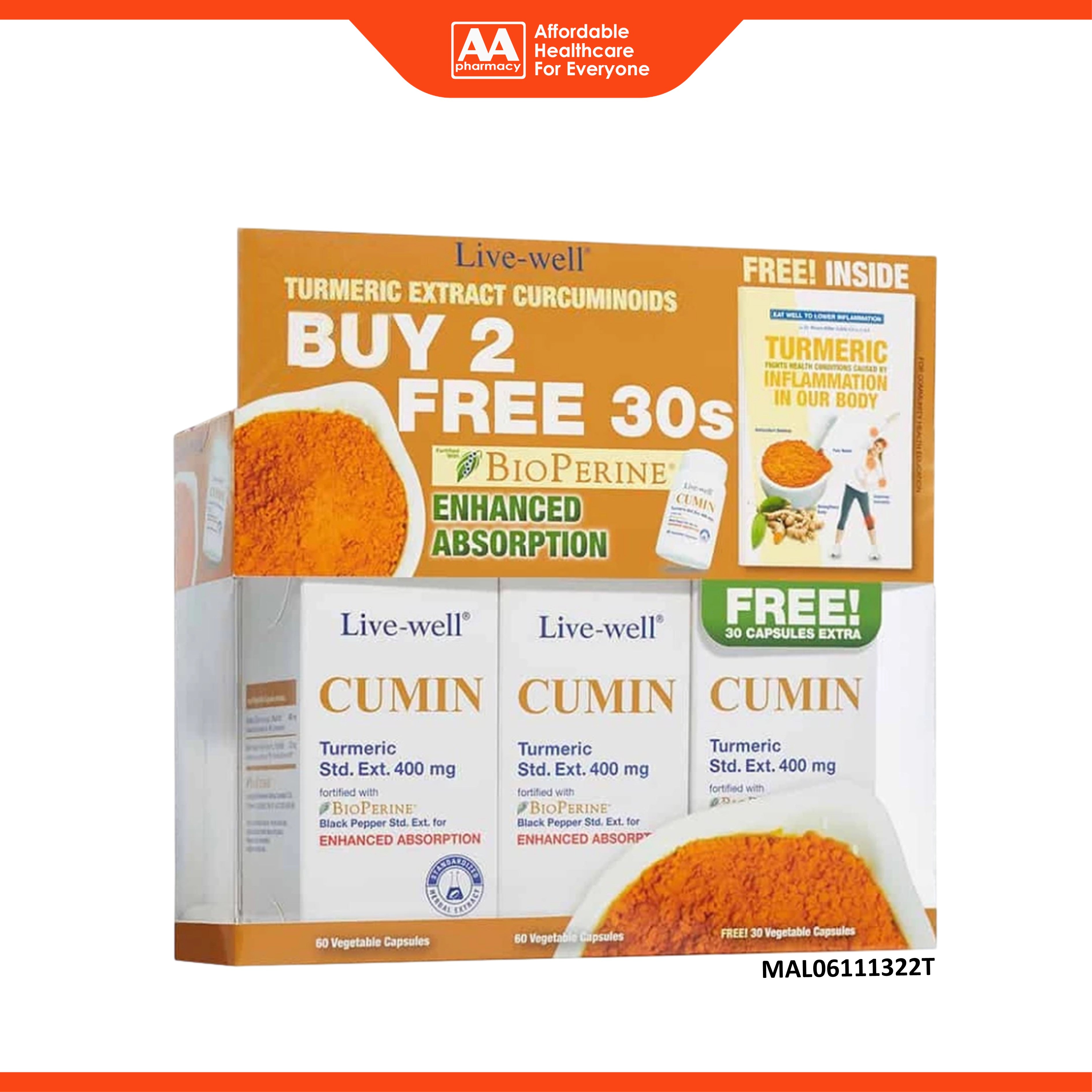 Live-Well Cumin Turmeric Standardized Extract 400mg Vegecapsule 2x60's+30's [Value Pack]