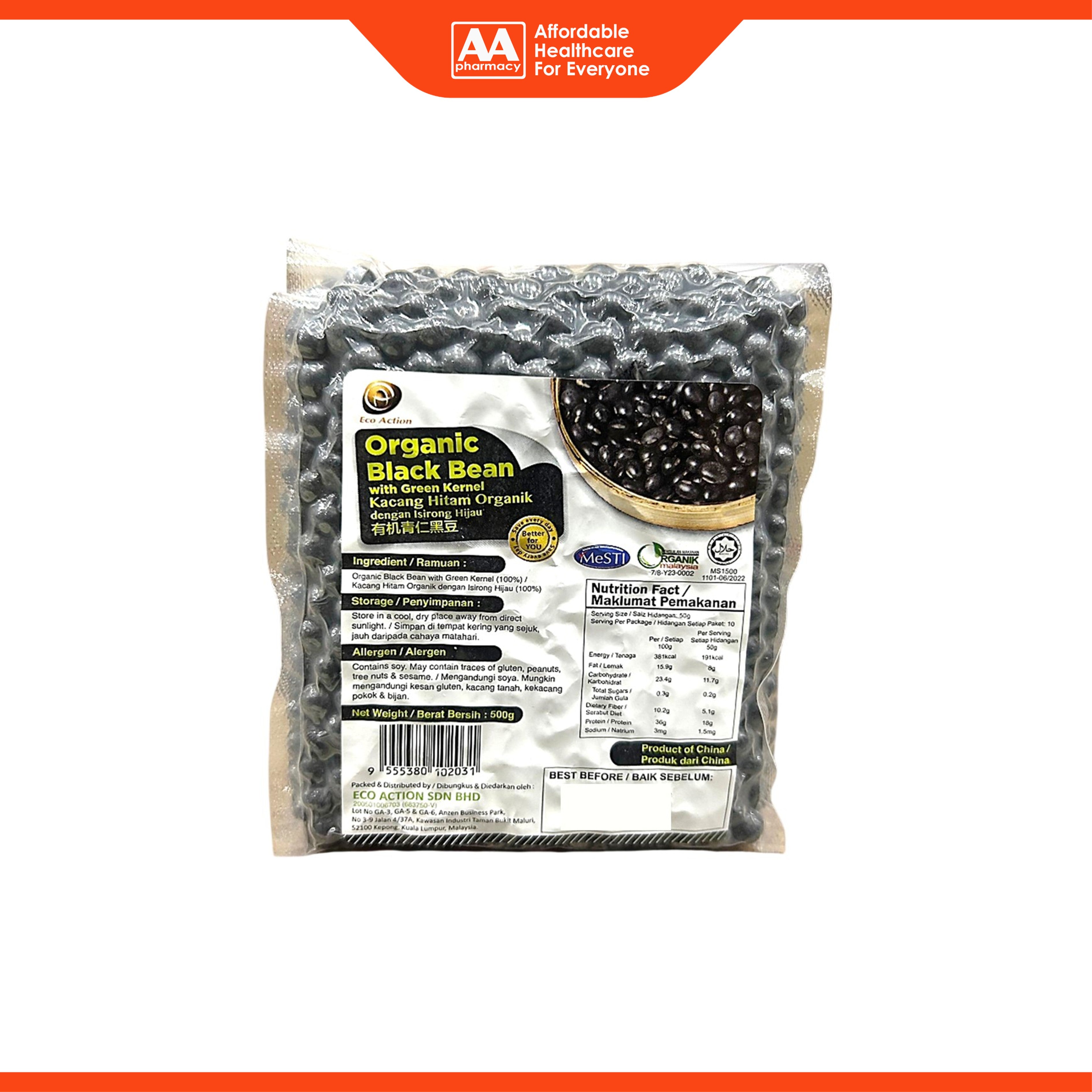 Eco Action Organic Black Bean with Green Kernel 500g