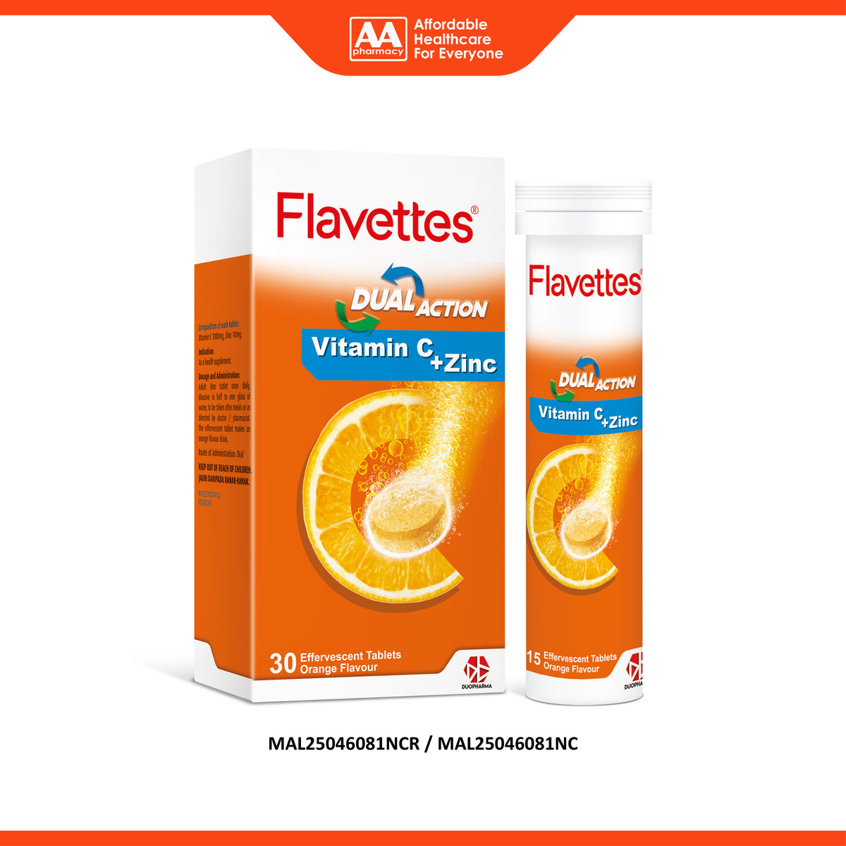 Flavettes Dual Action (Vitamin C 1000mg + Zinc 10mg) Effervescent Tablet (2 x 15's) - Orange Flavour