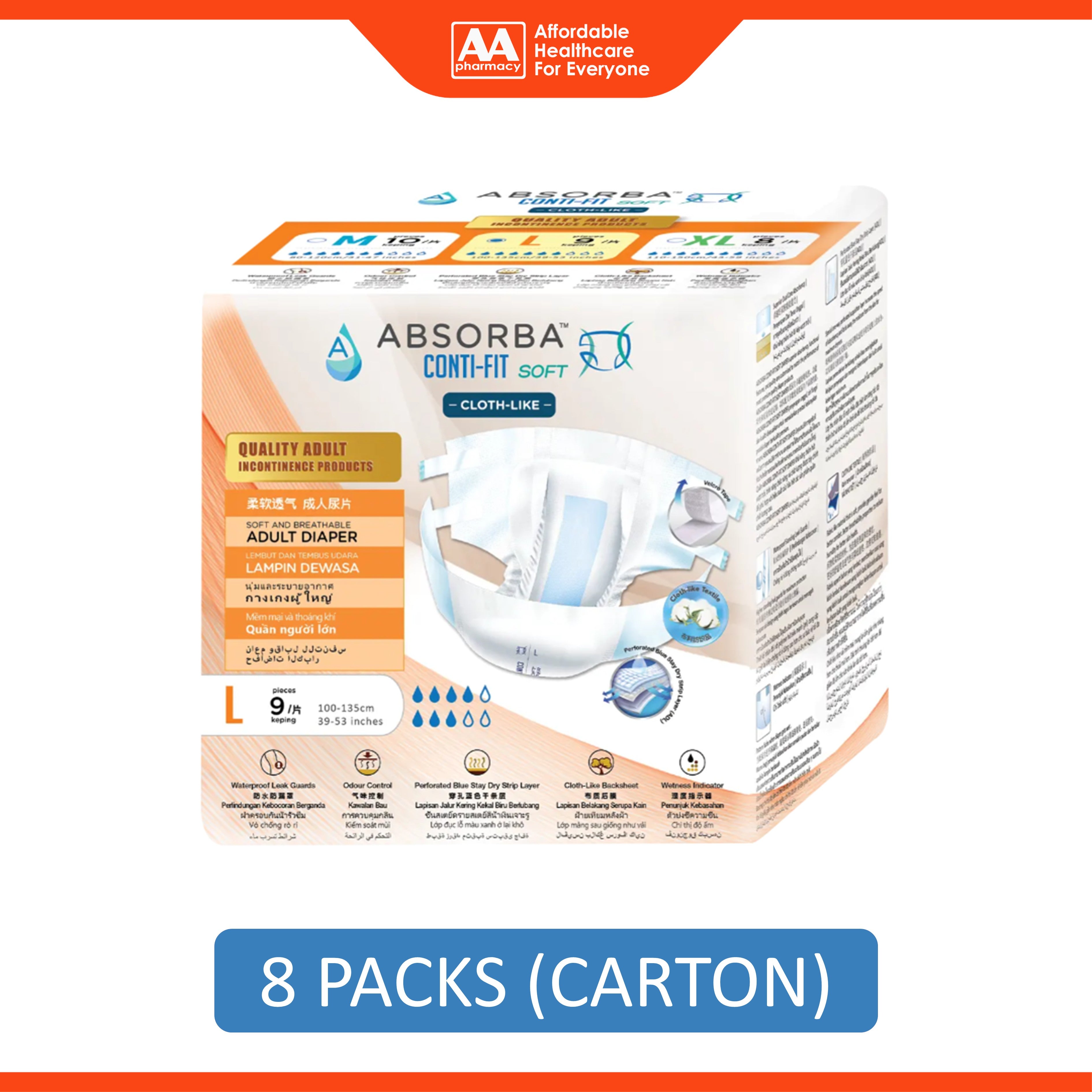 Absorba Conti-Fit Soft Adult Diapers Size L 9's (100-135cm / 39-53 inches) [8 Packs/Carton]
