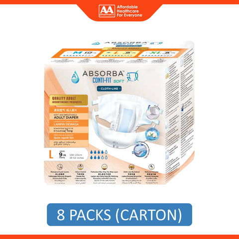 Absorba Conti-Fit Soft Adult Diapers Size L 9's (100-135cm / 39-53 inches) [8 Packs/Carton]