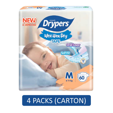 Drypers Wee Wee Dry Baby Tape Diapers Size M 60's (6-11kg) [4 Packs/Carton]