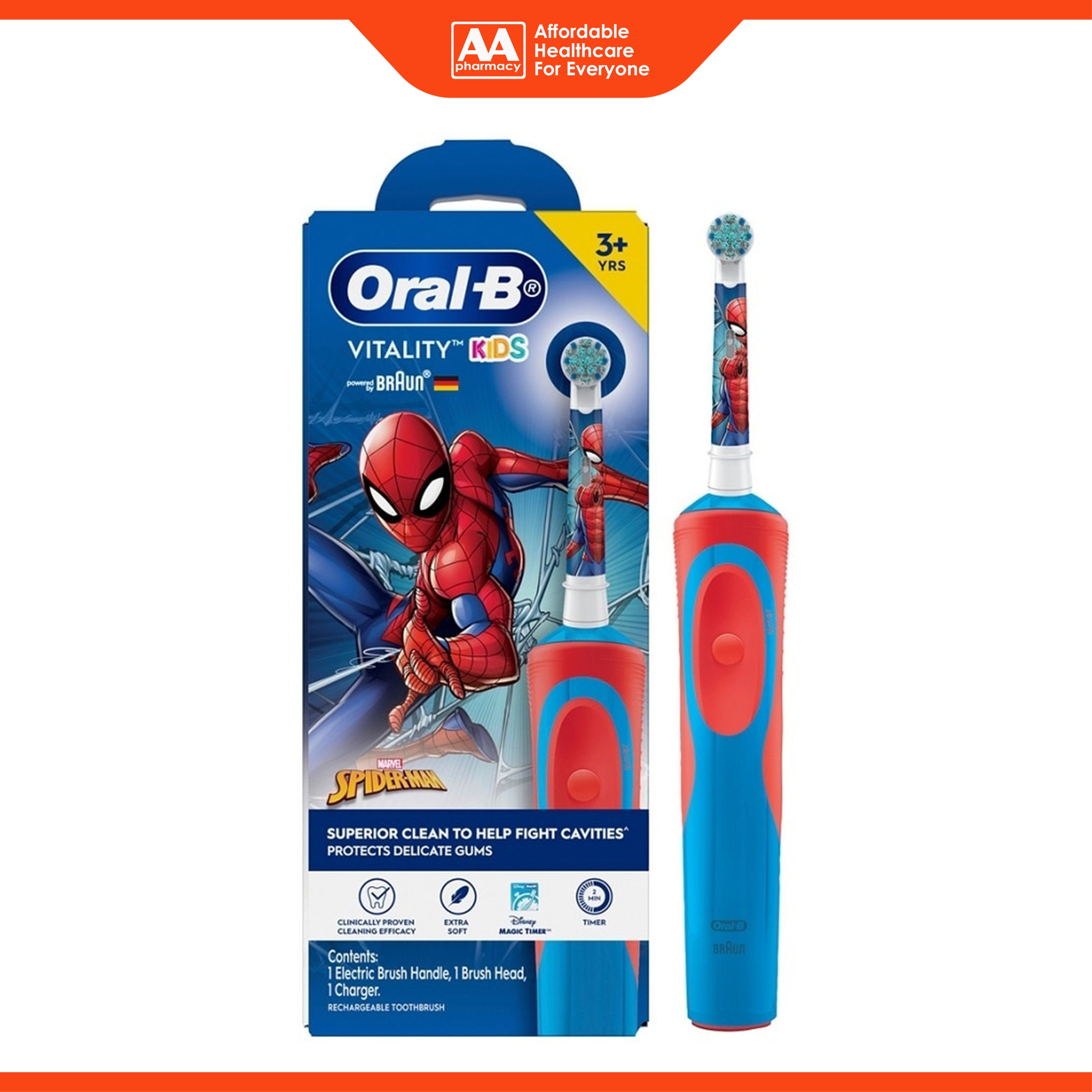 Oral-B Vitality Kids (Marvel Spiderman) Rechargeable Toothbrush (1 Handle, 1 Brush Head, 1 Charger) [For Children 3+ Years]