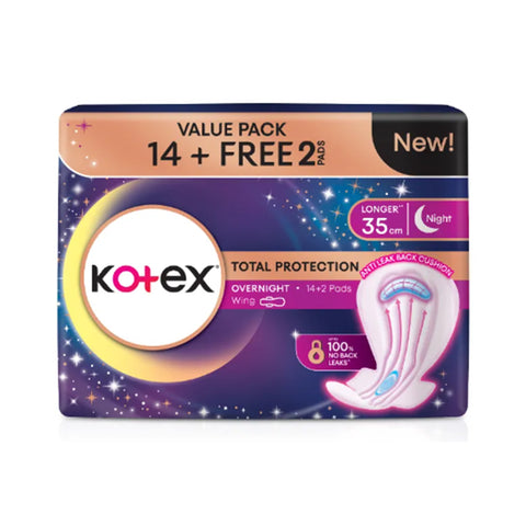 Kotex Pads (Total Protection Overnight, Wing, Longer 35cm) 14's+2's [Night Use]