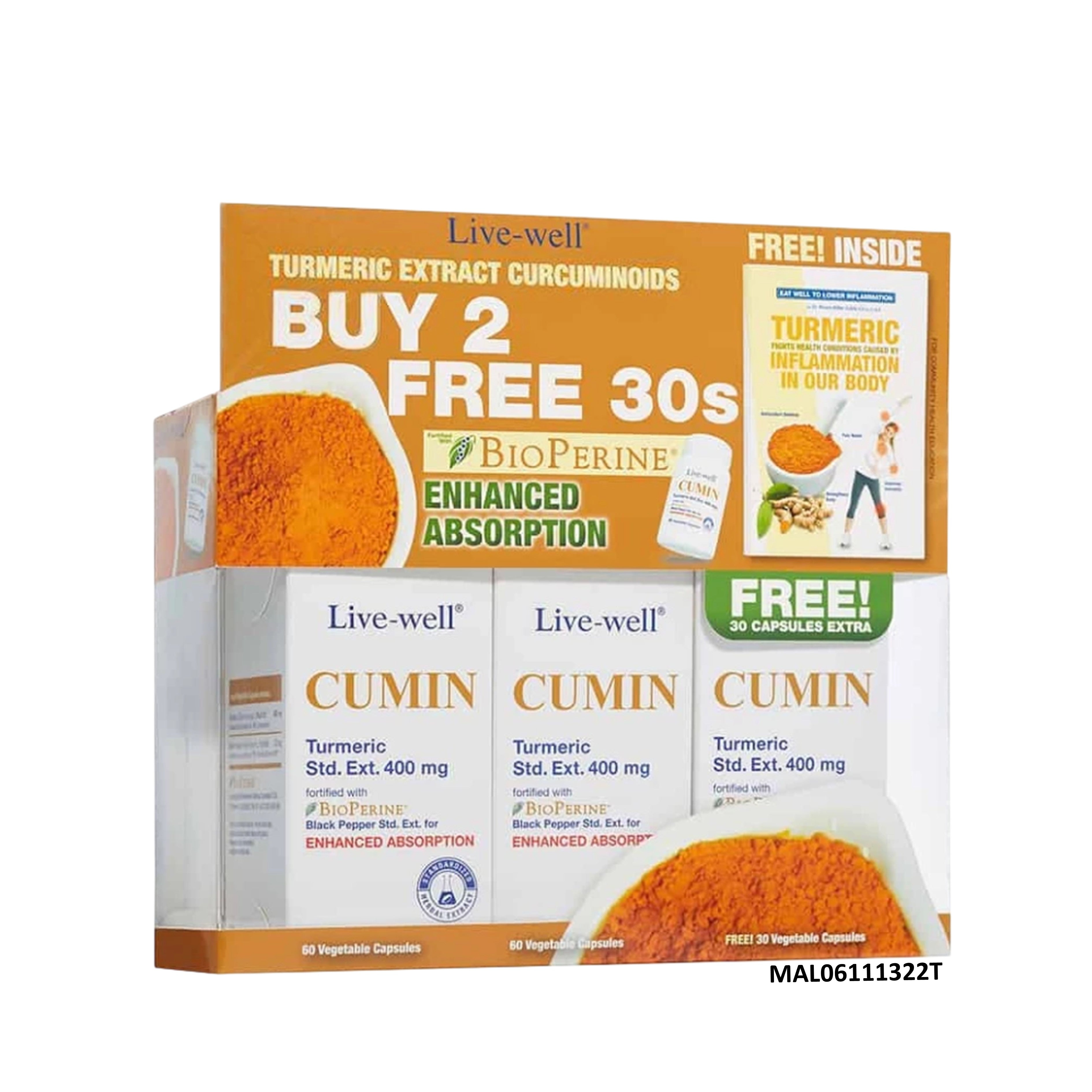 Live-Well Cumin Turmeric Standardized Extract 400mg Vegecapsule 2x60's+30's [Value Pack]