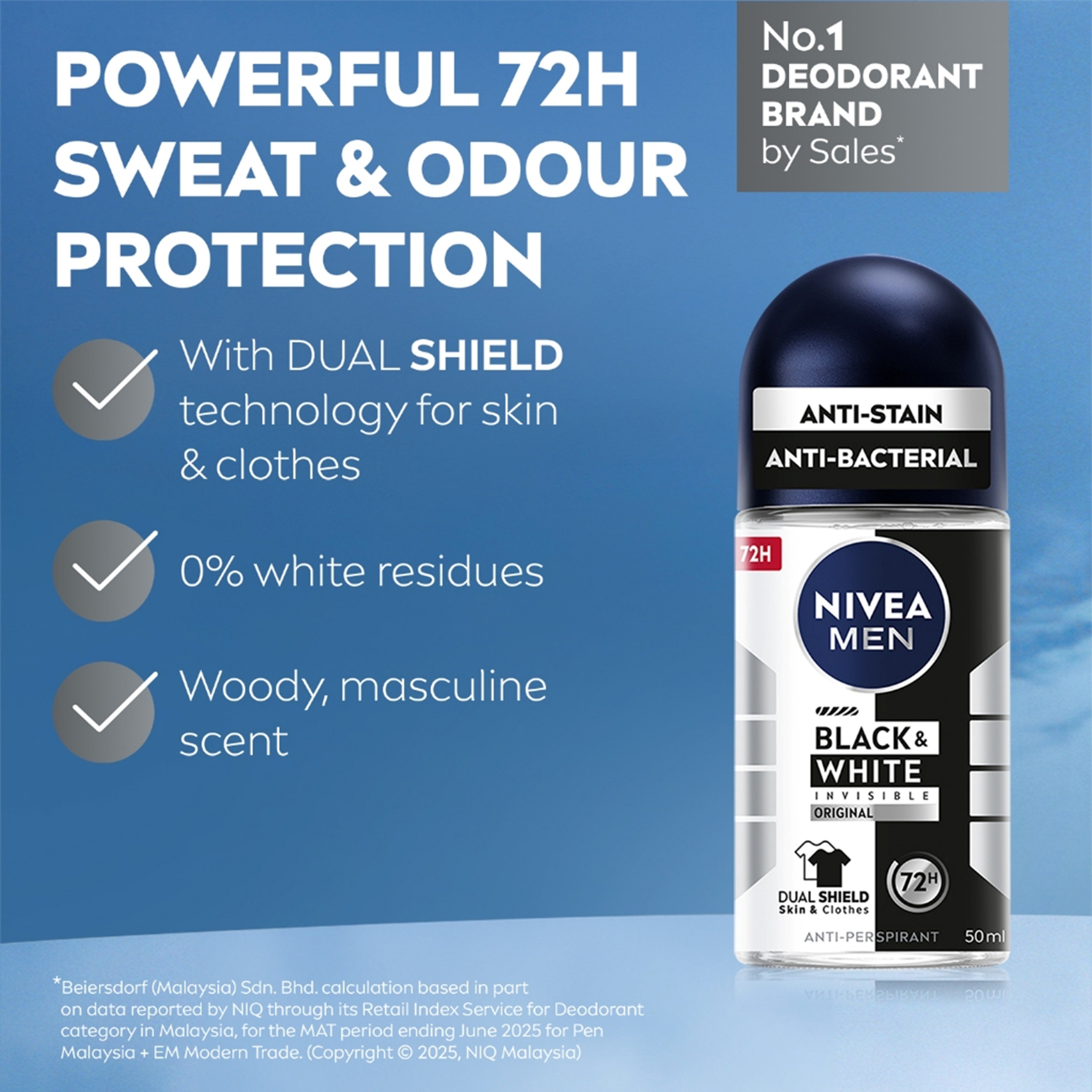 Nivea Men Black and White Invisible Original 72H Anti-Perspirant Roll On 50mLx2's [Twinpack]