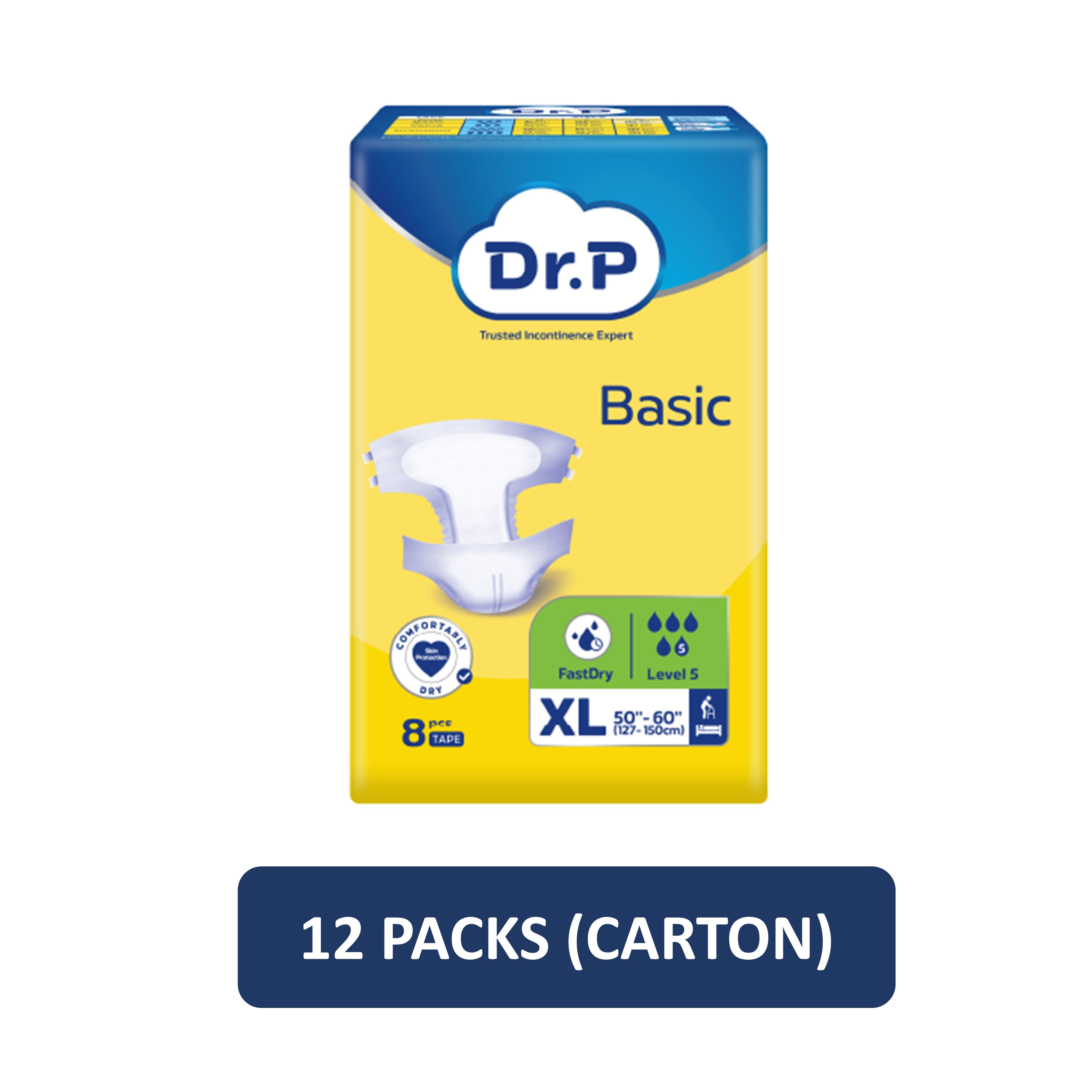 Dr. P Basic Adult Diapers Size XL 8's (127-150cm / 50-60 inches) [12 Packs/Carton]