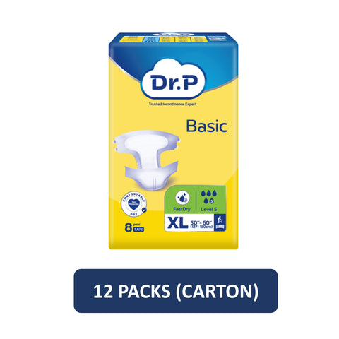 Dr. P Basic Adult Diapers Size XL 8's (127-150cm / 50-60 inches) [12 Packs/Carton]