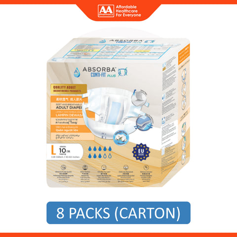 Absorba Conti-Fit Plus Adult Diapers Size L 10's (110-160cm / 43-63 inches) [8 Packs/Carton]
