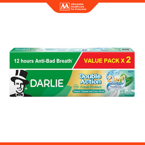 Darlie Double Action (Fresh Protect) 2 in 1 Mouthwash + Toothpaste Fluoride Toothpaste 160gx2's (Extra Fresh Mint) [Value Pack]