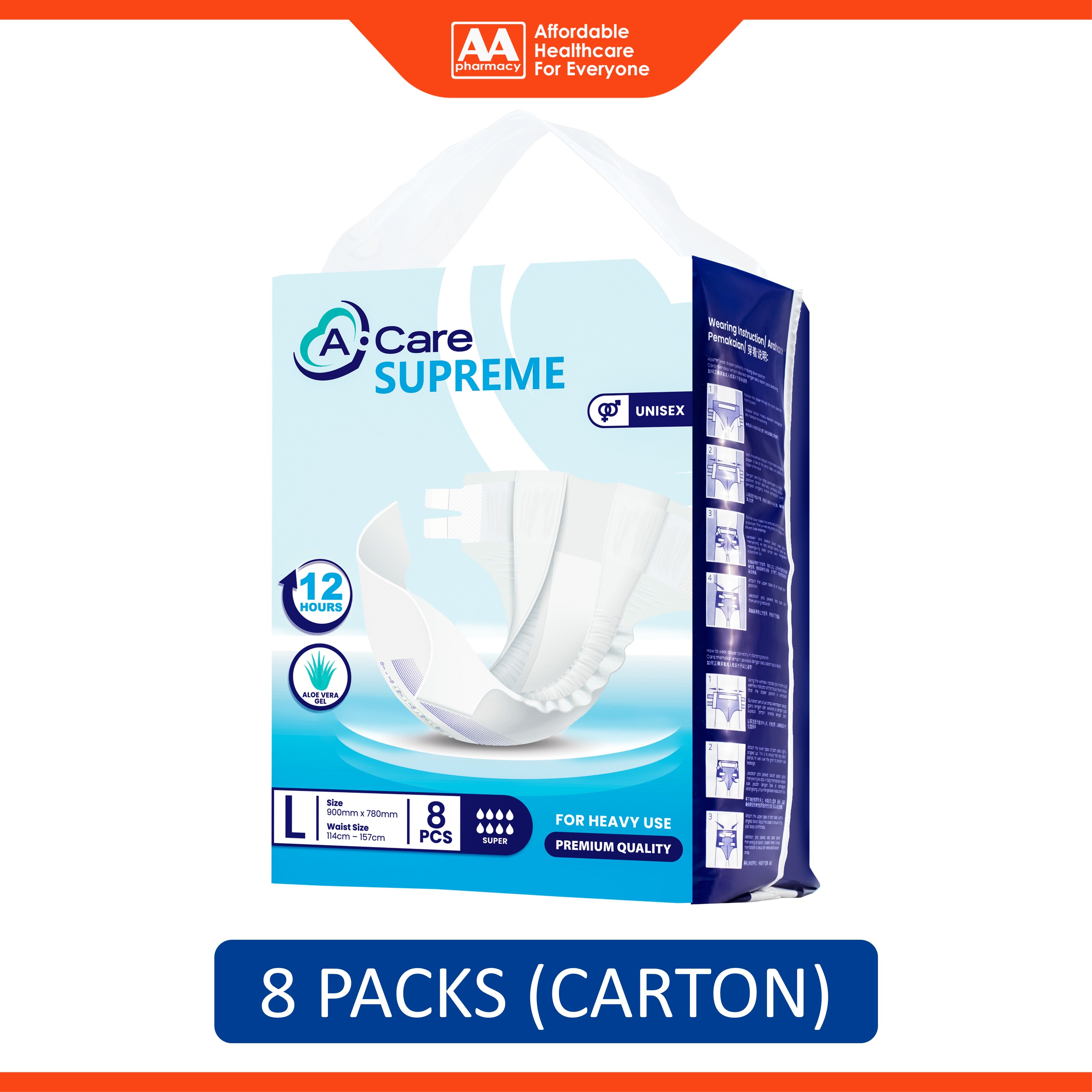 A-Care Supreme Adult Diapers Size L 8's (114-157cm) [8 Packs/Carton]