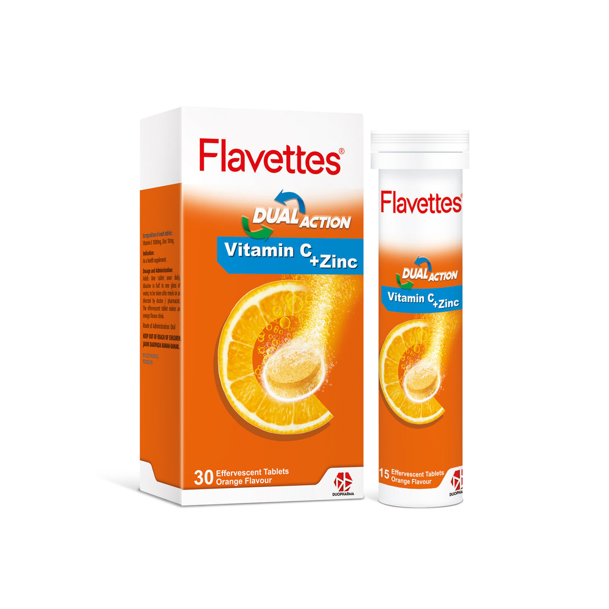 Flavettes Dual Action (Vitamin C 1000mg + Zinc 10mg) Effervescent Tablet (2 x 15's) - Orange Flavour